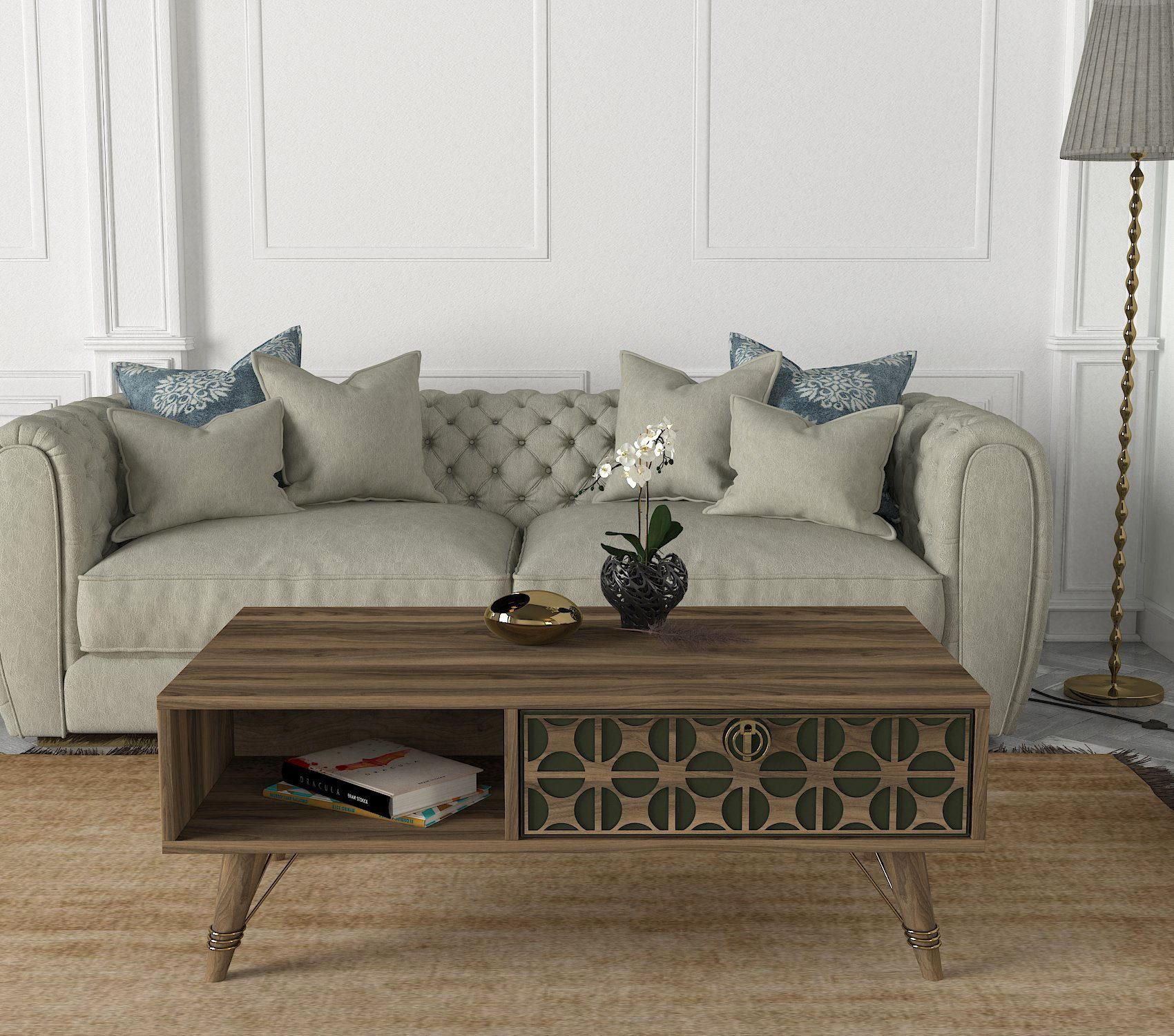 moebel17 Couchtisch Couchtisch Valente Walnuss Dunkelgrün, moderner Couchtisch mit großer Ablage