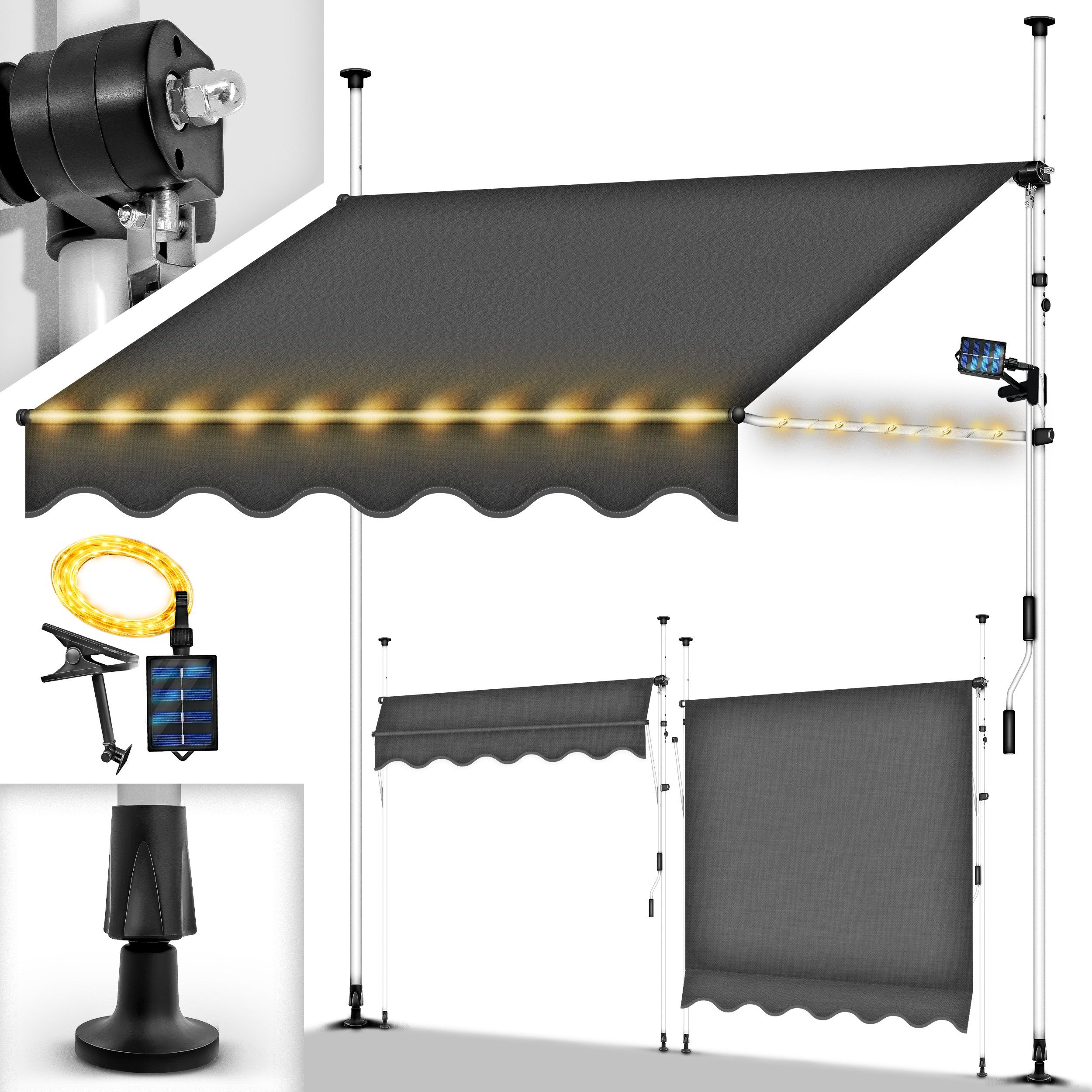 tillvex Klemmmarkise ohne Bohren mit LED & Handkurbel Balkonmarkise Markise Balkon (UV-beständig & höhenverstellbar Sonnenschutz wasserdicht)