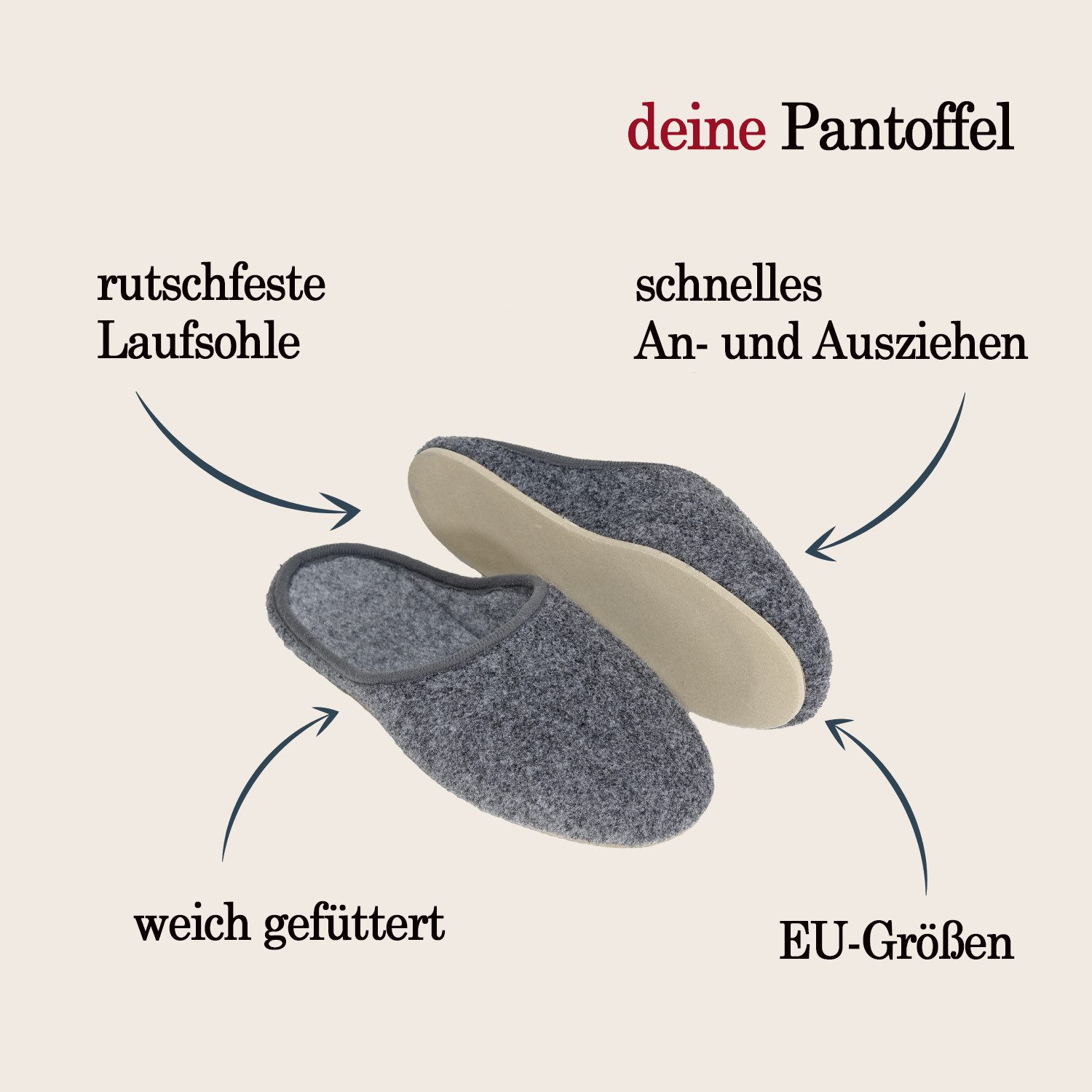 Pantoffelmann Leichte Pantoffel Herren Damen Filzpantoffeln Filz Hauschuh Gummisohle Pantoffel (1 Paar) Filzpantoffeln, Gästepantoffel besonders leicht
