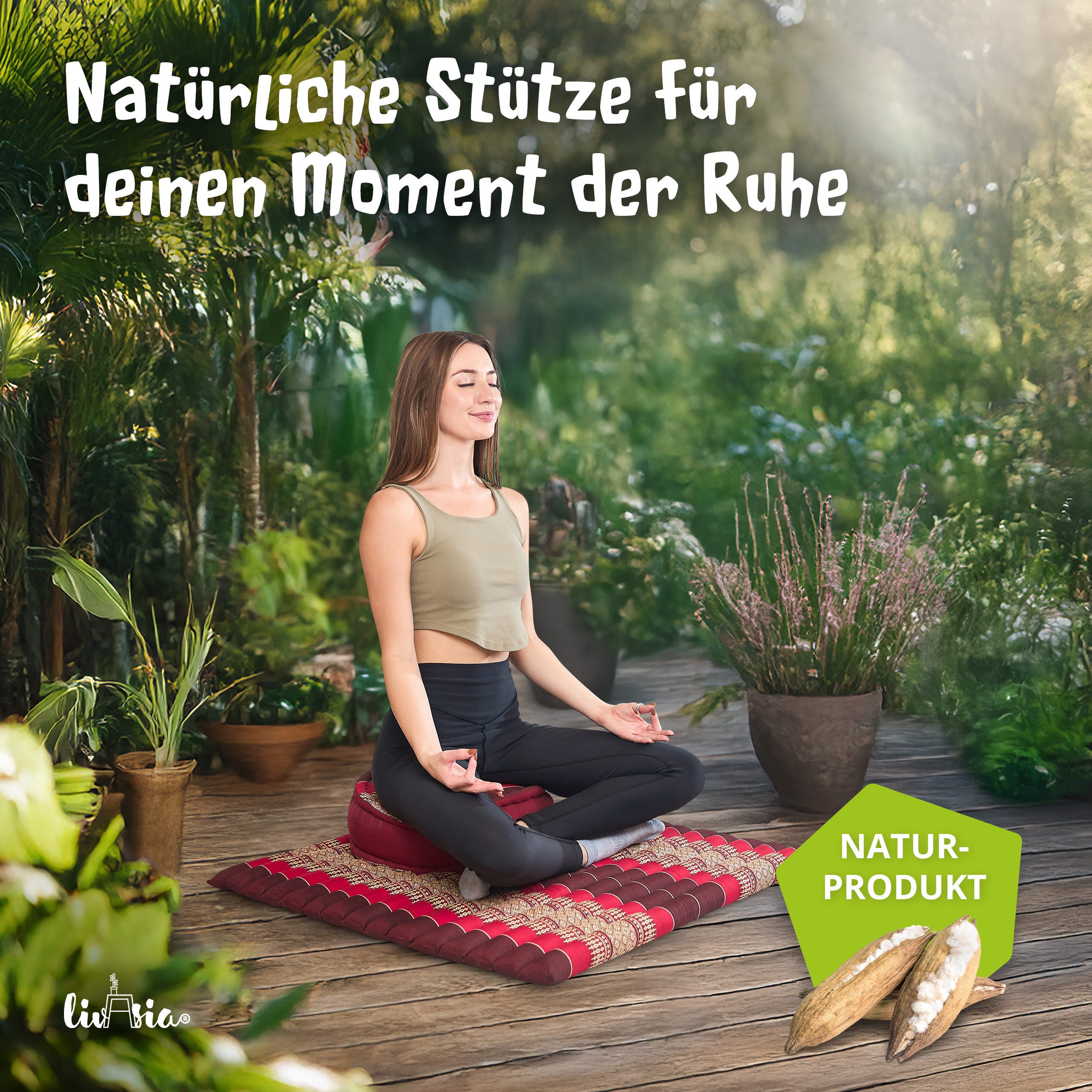 livasia Meditationskissen Yogakissen Set XL - Zafu Ø 38x15cm / Matte 75x75x4,5cm, Kapok, vegan, handgefertigt