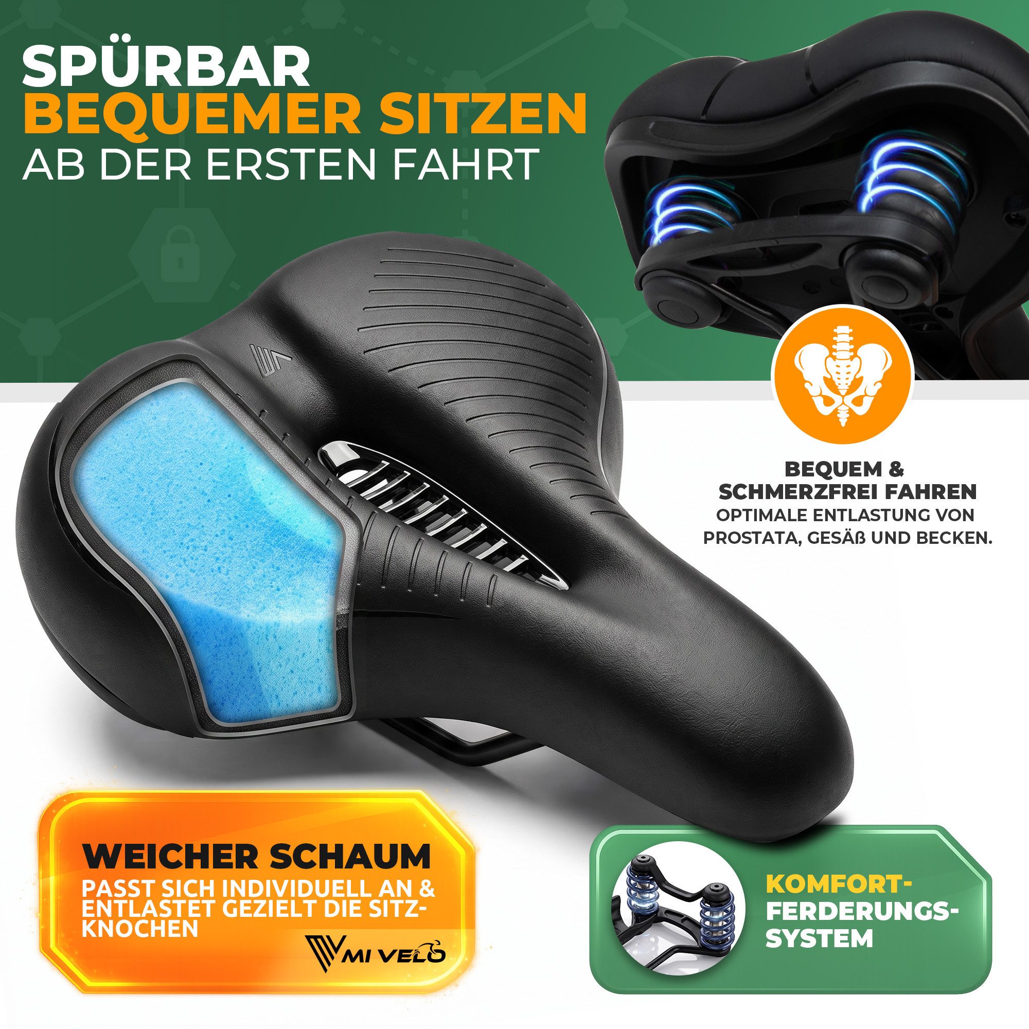 MIVELO Fahrradsattel extra bequem, breit & gefedert für Damen und Herren, – mit 3D-Komfort-Schaum und Doppelfederung