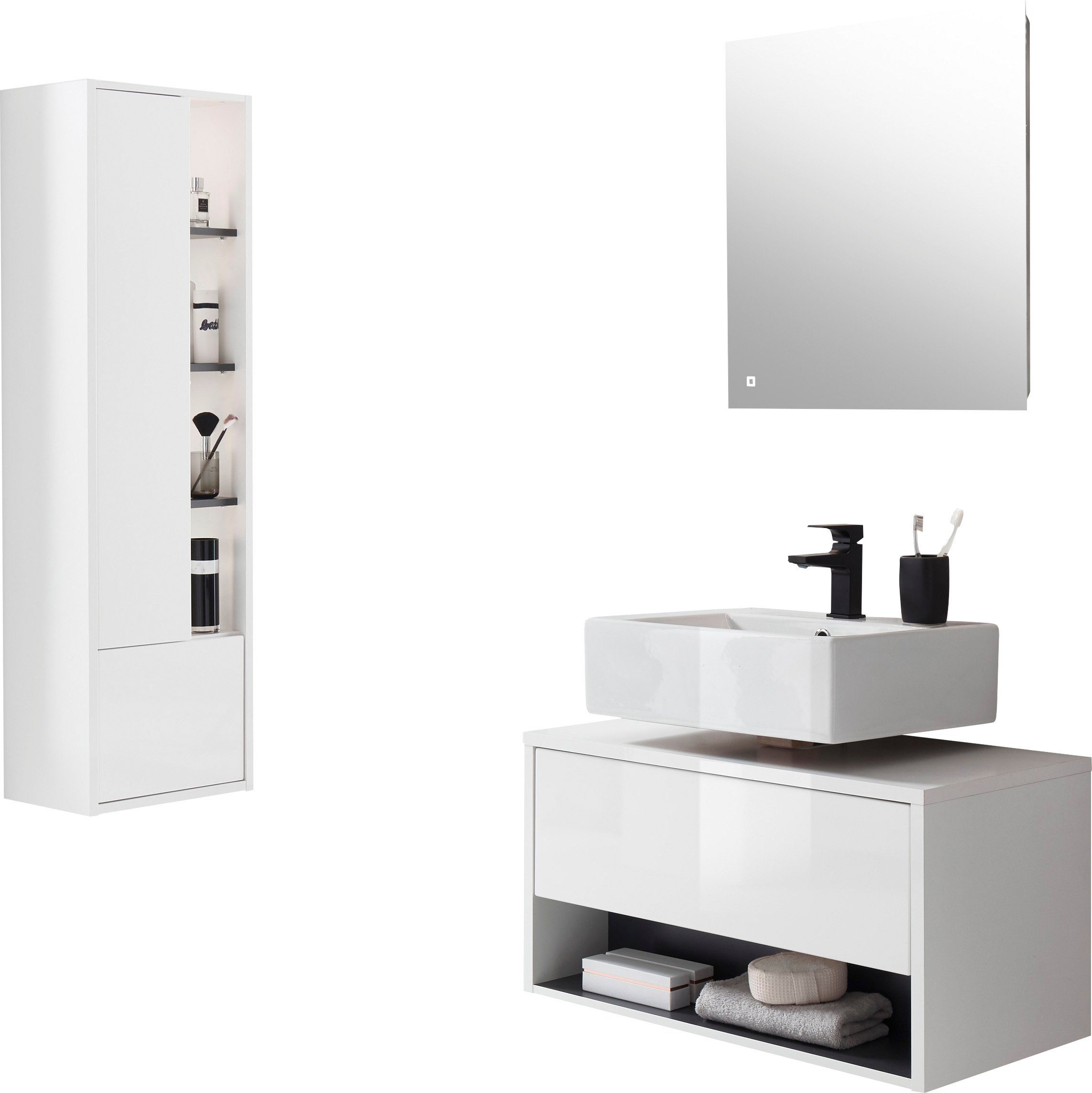Places of Style Badmöbel-Set Studio Line, Bad im modernen Design, 3-teiliges Badezimmer, (3-St), Schrank, Unterschrank und Spiegel, in zwei Farben verfügbar, Stauraum