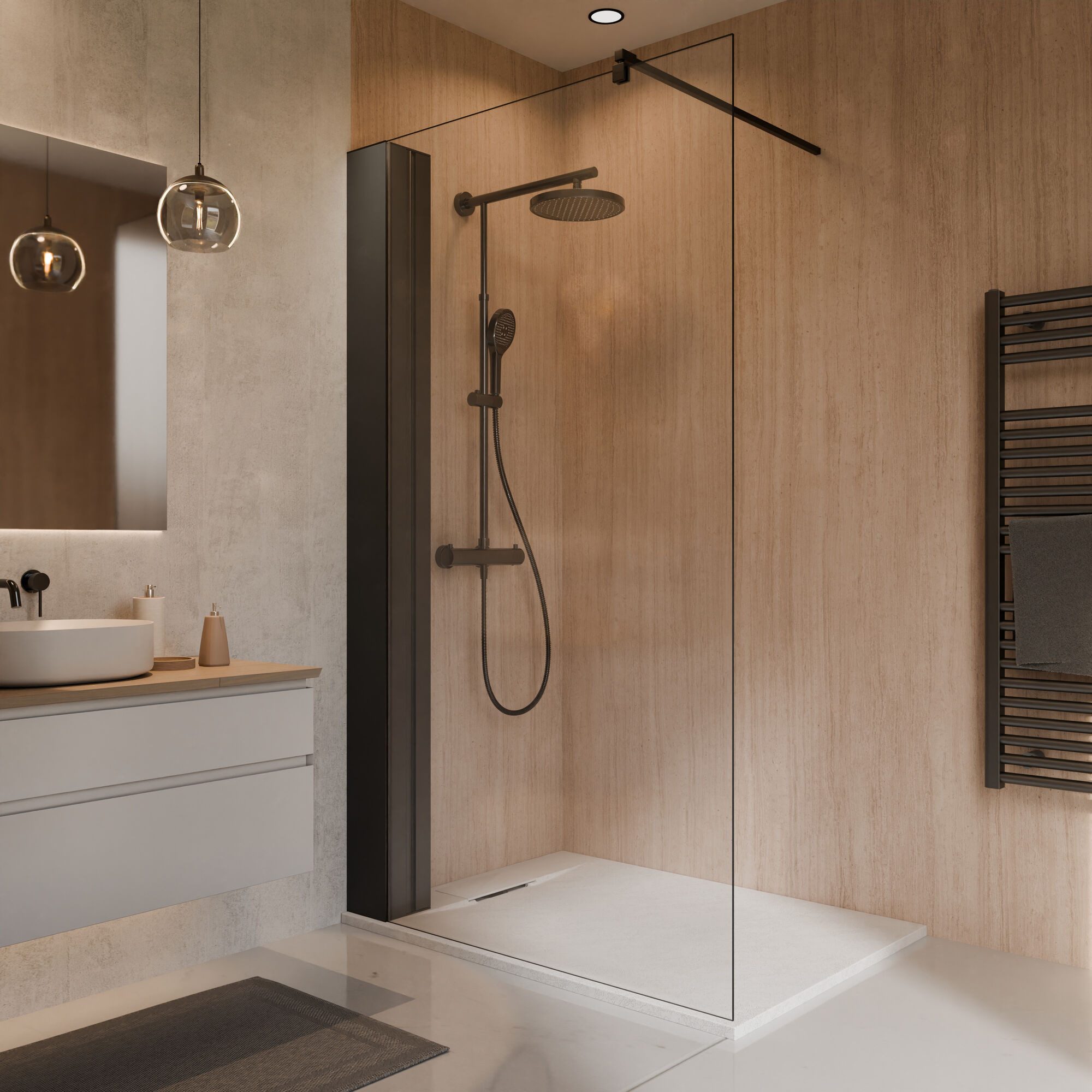 Schulte Walk-in-Dusche Toura Duschwand, Sicherheitsglas, 8 mm, mit integriertem Duschregal, Mattschwarz, Spritzschutz