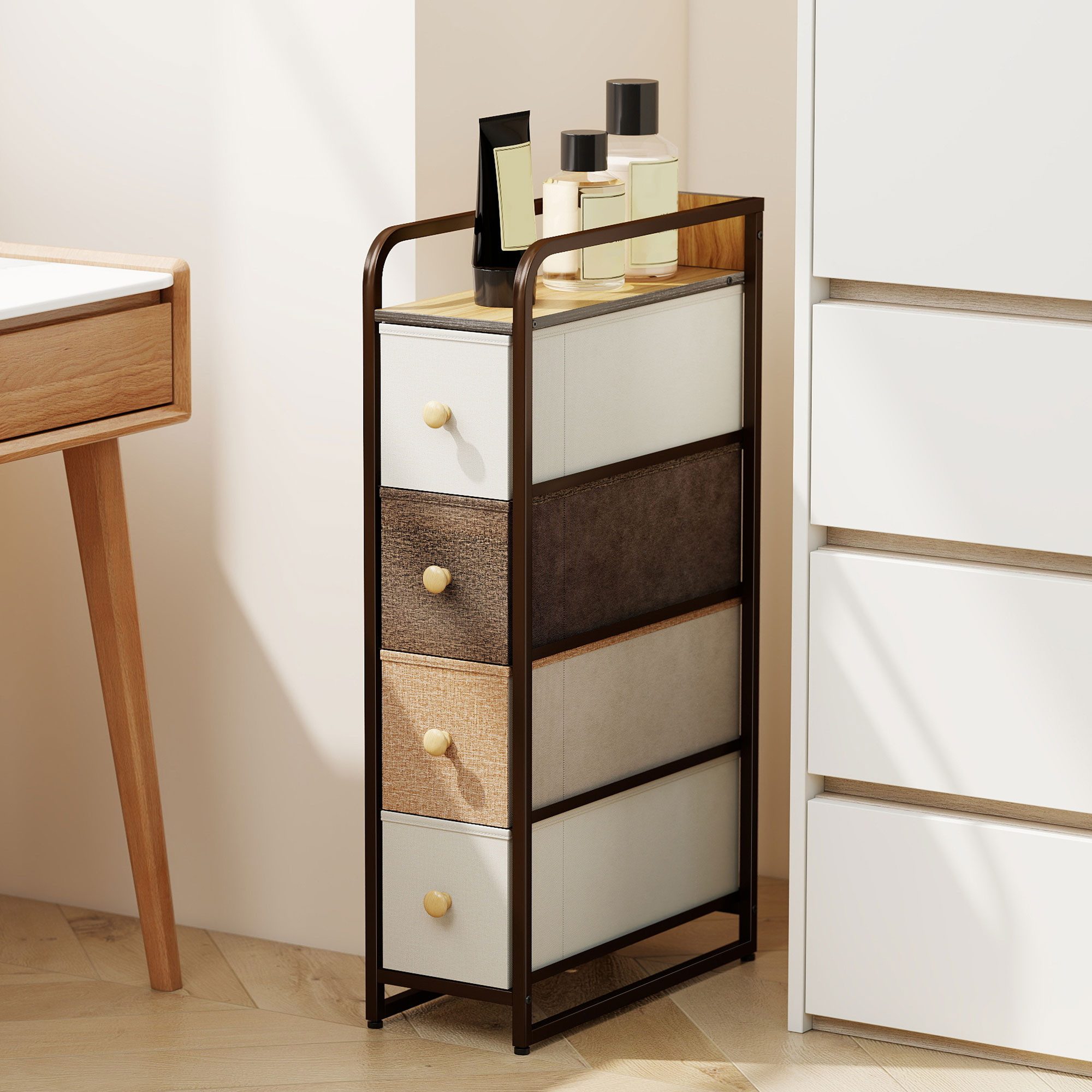 HOMCOM Kommode Schubladenschrank mit Stahlrahmen, Sideboard Mehrfarbig (Schrank mit 4 Schubladen, 1 St., Aufbewahrungsschrank), Schmal für Lücken