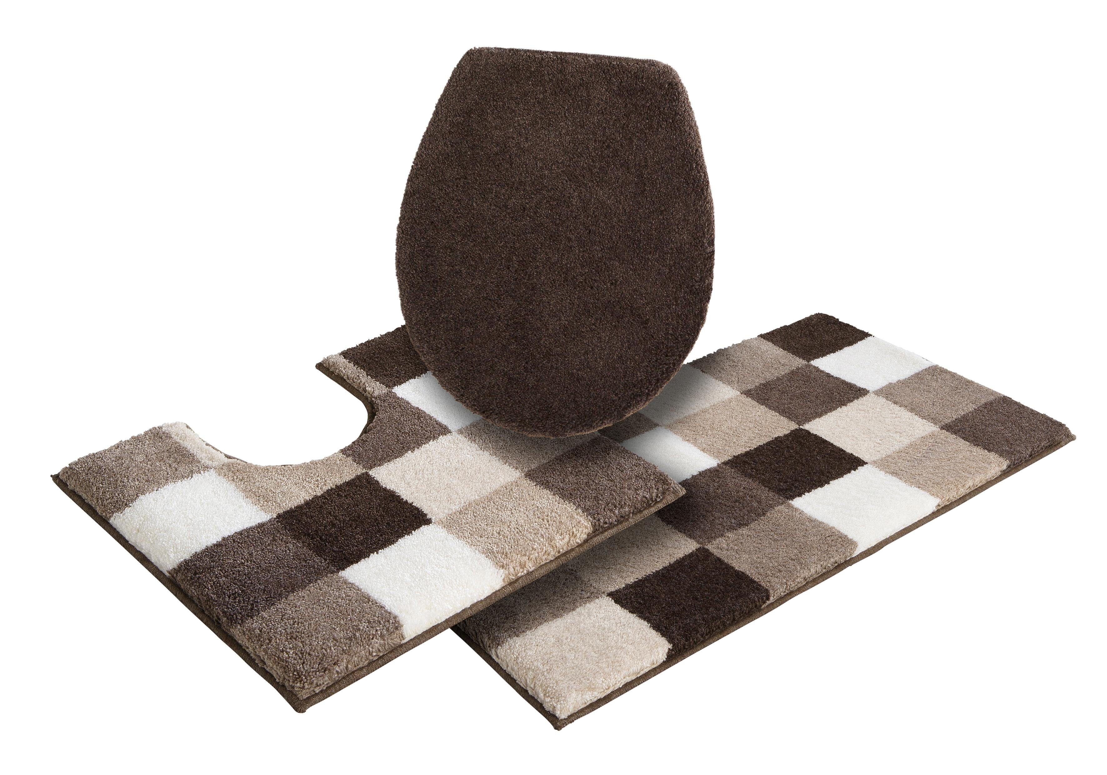 Grund Badematte Mosaik, Badvorleger, Badezimmer Teppich, sehr weich, Höhe 20 mm, rutschhemmend beschichtet, fußbodenheizungsgeeignet, Kunstfaser, rechteckig, 3-tlg. Stand-WC Set, angenehm weich, auch als 3 teiliges Set erhältlich, Made in Europe