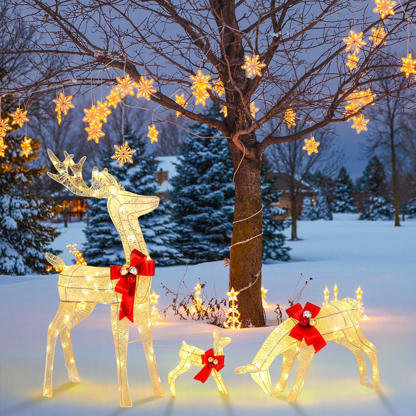 COSTWAY Weihnachtsfigur, 3-teilige LED Rentier Familie mit 230 LEDs