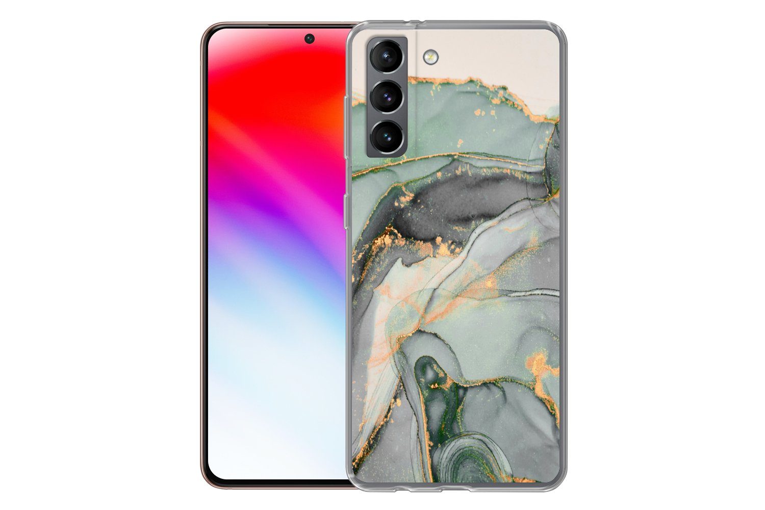 MuchoWow Handyhülle für Samsung Galaxy S21 Gold - Marmor - Grün - Luxus - Glitzer - Marmor, Phone Case, Silikon, Schutzhülle Dünn