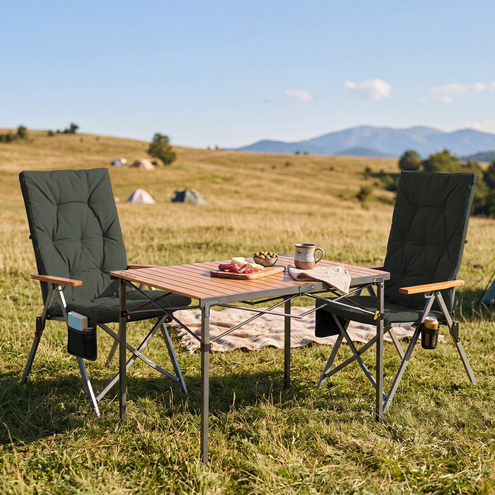 HOMECALL Campingstuhl Klapptisch-Set mit 2 Stühlen Hochlehner Luxus Klappstuhl Campingtisch (gartenstuhl klappbar für 4-6 Personen), mit 4,5cm Dicke Gepolstert