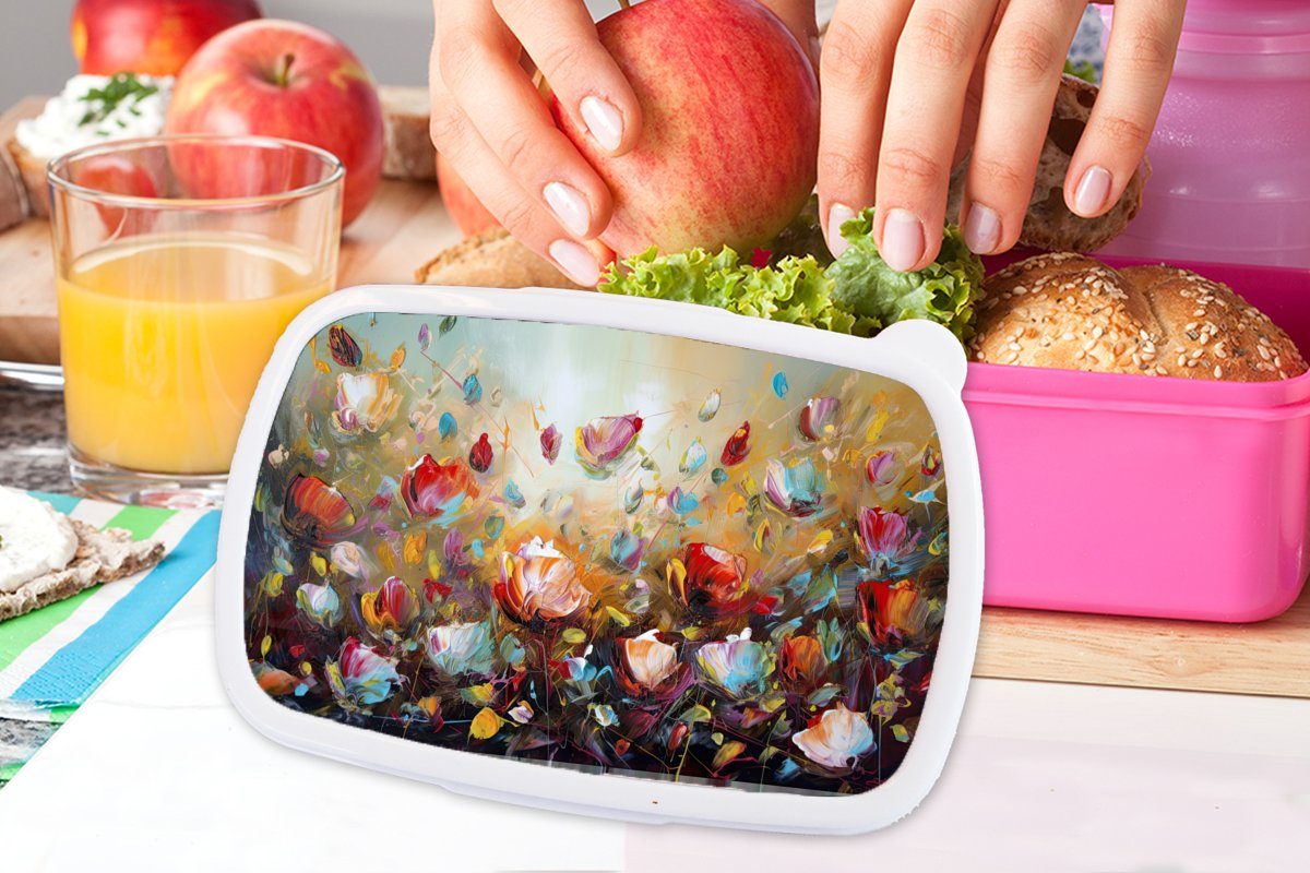 MuchoWow Natur Lunchbox Ölgemälde, Kunst Brotbox Blumen Snackbox, rosa Kunststoff Kunststoff, Mädchen, - Brotdose (2-tlg), - für Kinder, - Erwachsene,