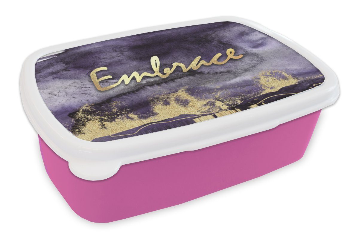 MuchoWow Lunchbox Zitat - Stofftier für Brotdose Kinder, (2-tlg), Erwachsene, rosa Kunststoff, Snackbox, Kunststoff - Lila - Brotbox Mädchen, Gold