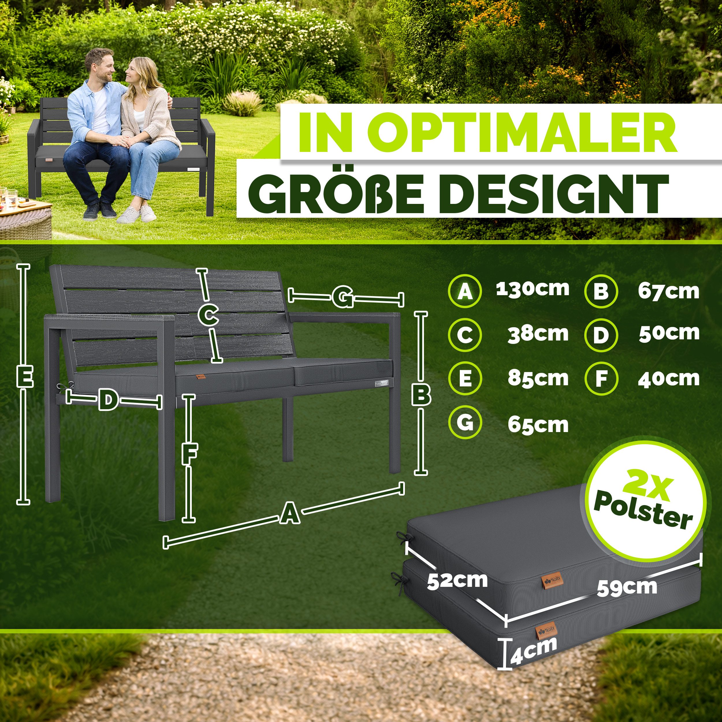 tillvex Gartenbank tillvex® Gartenbank mit Abdeckung & Kissen in Holzoptik bis 300kg (Garten Terrasse Balkon mit waschbarem Bezug, Parkbank in Holzoptik belastbar UV-beständig Sitzbank), Wetterfest 2-3 Sitzer mit Abdeckung & Kissen bis 300 kg