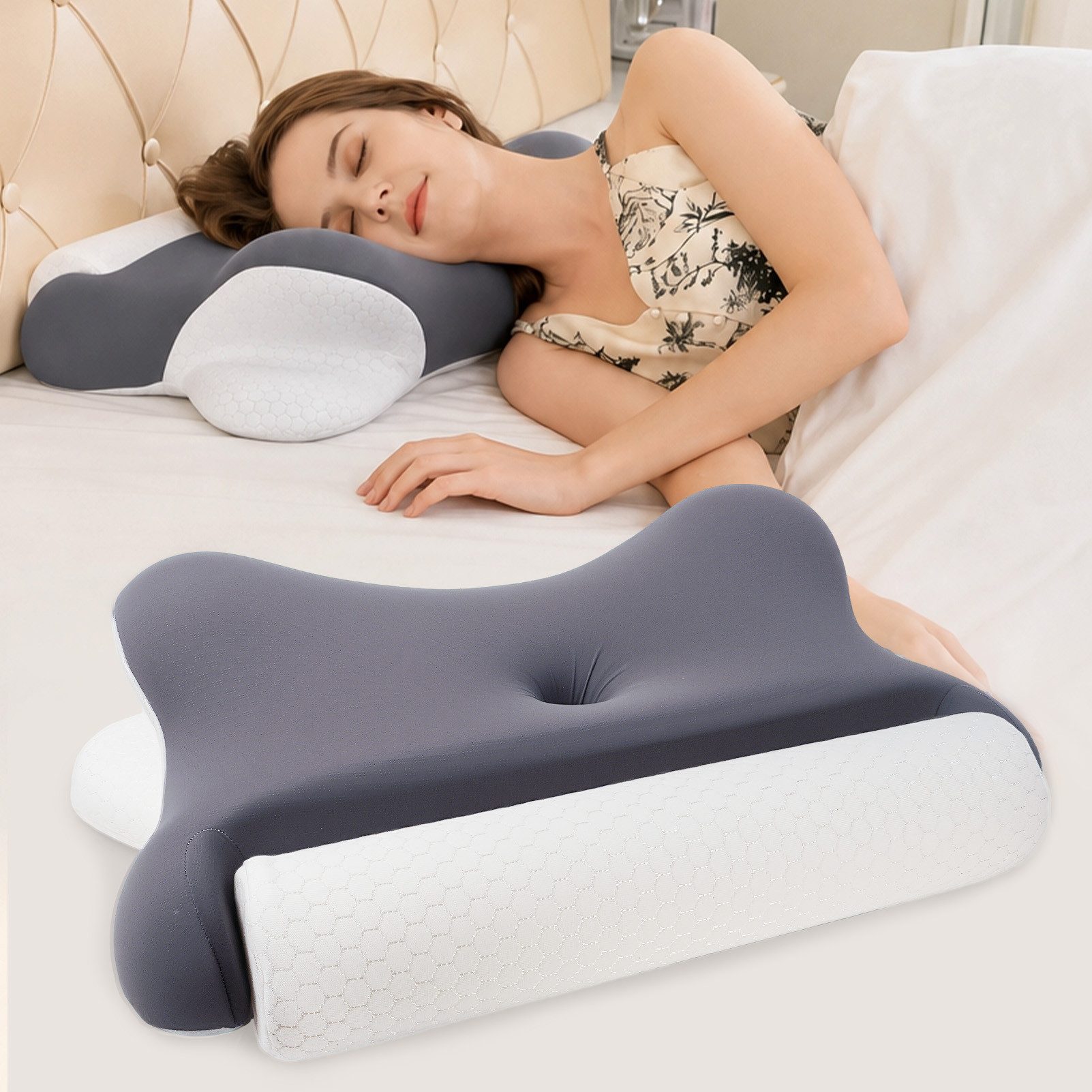 Esun Kopfkissen Orthopädisches Memory Foam, Flugzeug Nackenkissen, Nackenstützkissen, Füllung: 100% Memory Foam, Ruckenschlafer, Bauchschlafer, Seitenschlafer, Set, Kissen vom OEKO-TEX® und CertiPUR Getestet, Schlafkissen, Pillow, Kissen, Seitenschläferkissen