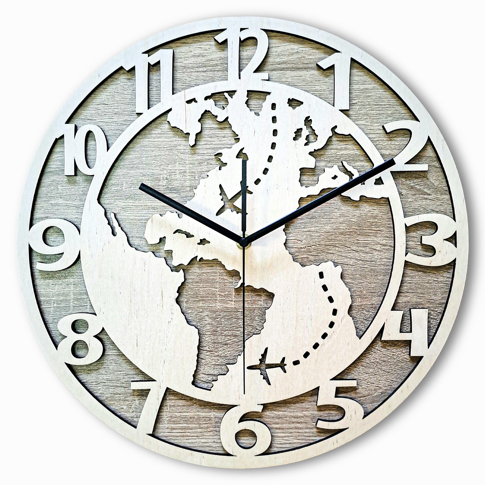 ORNAMENTI Wanduhr Dekorative Weltkarte, handgefertigte, Holz, Hingucker Wanddeko (lautlos, ohne Tickgeräusche, lesbare Ziffern)