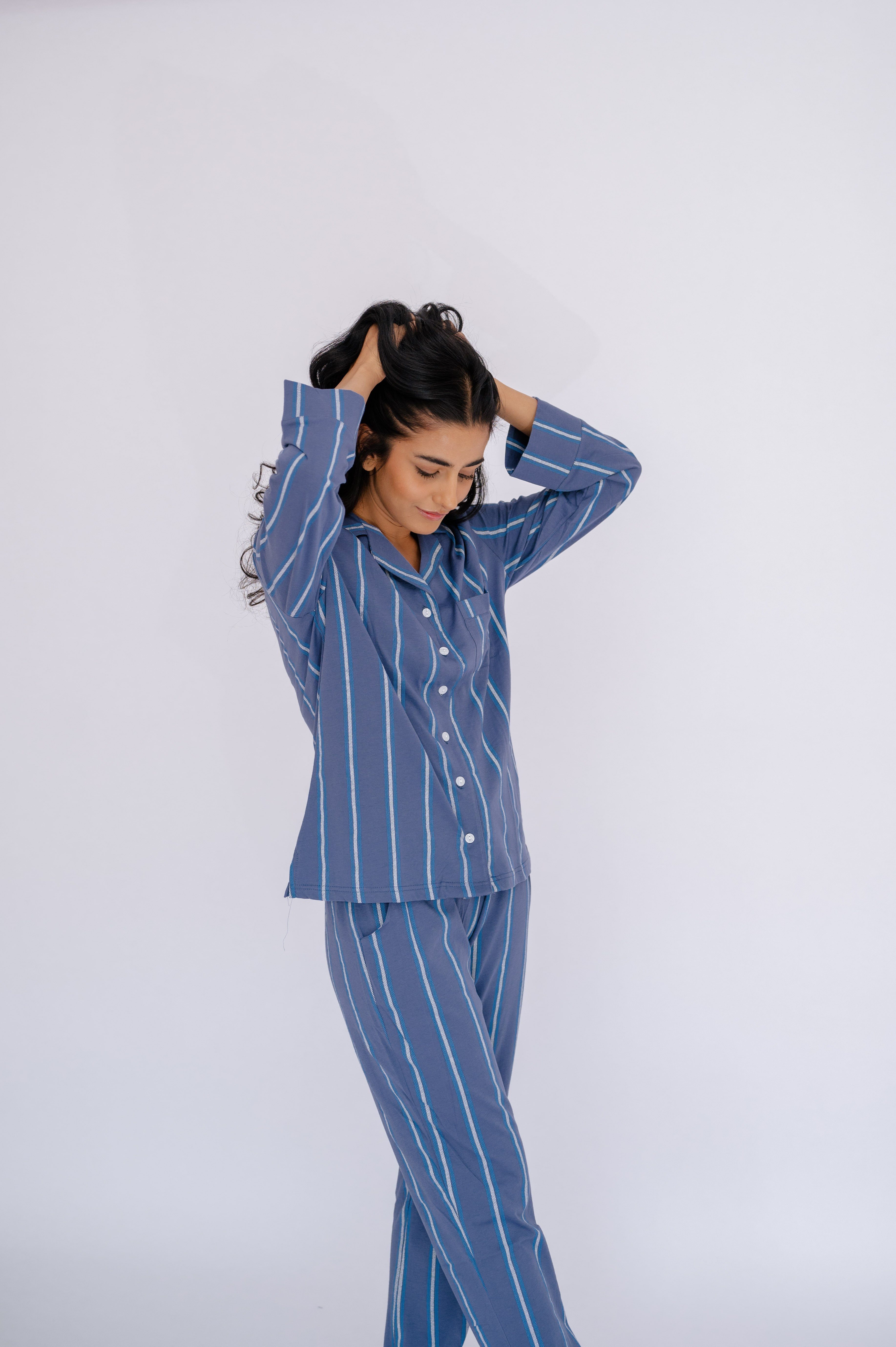SNOOZE OFF Pyjama langarm Schlafanzug im Streifendesign (2 tlg., 1 Stück) mit Reverskragen