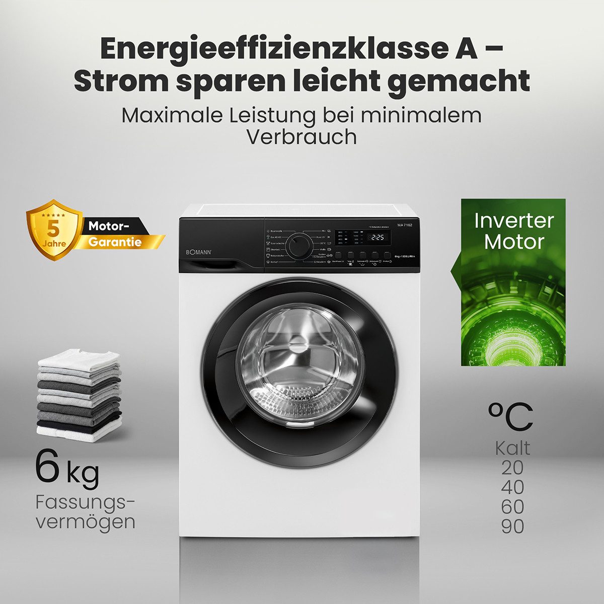 BOMANN Waschmaschine WA 7162, 6 kg, 1000 U/min, 6kg, Invertermotor, 5 Jahre Motor-Garantie