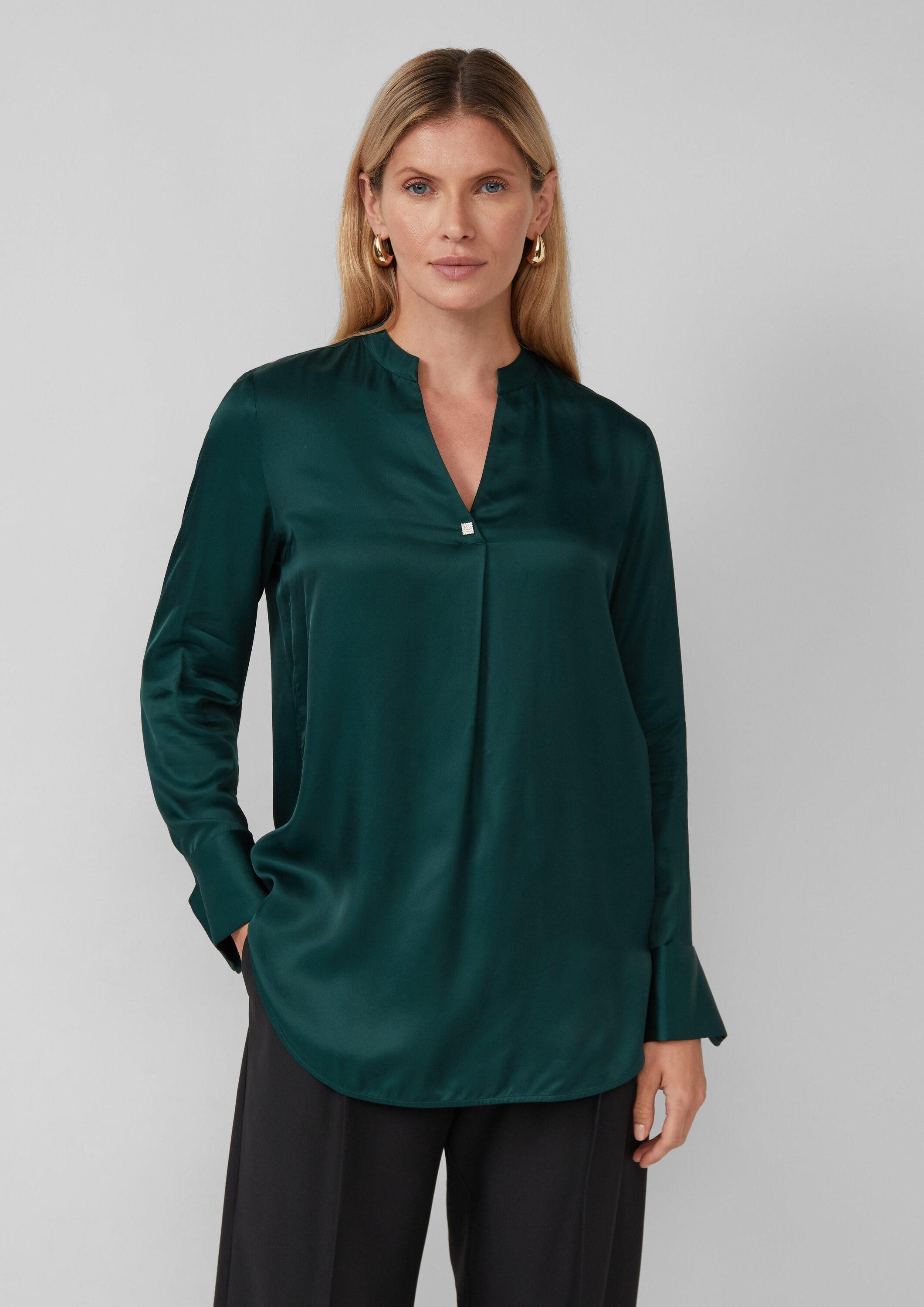 s.Oliver Langarmbluse Bluse Elegante Satin-Bluse mit V-Ausschnitt und Stehkragen