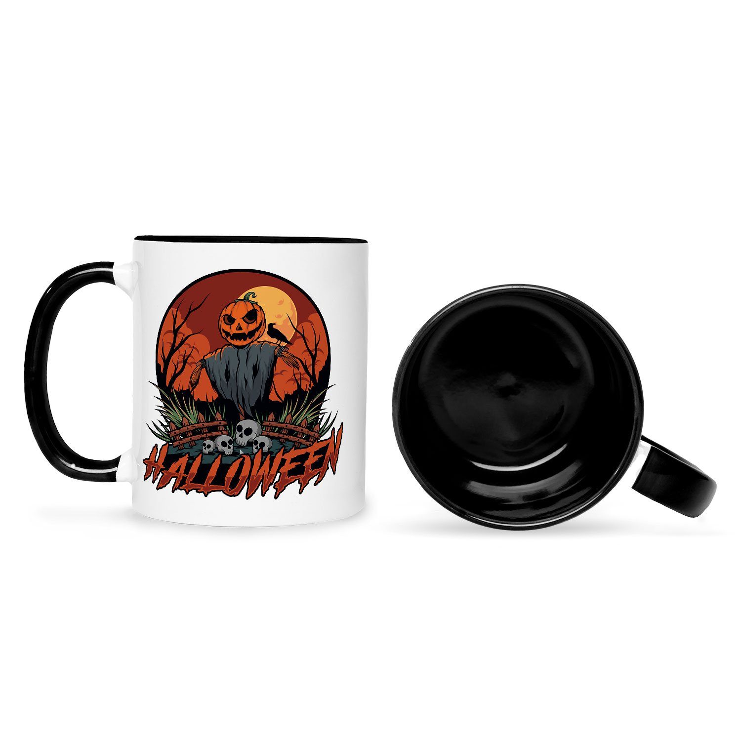 GRAVURZEILE Design - Halloween Tasse Motiv Schwarz mit zu Schaurige Weiß Vogelscheuchen - Geschenke