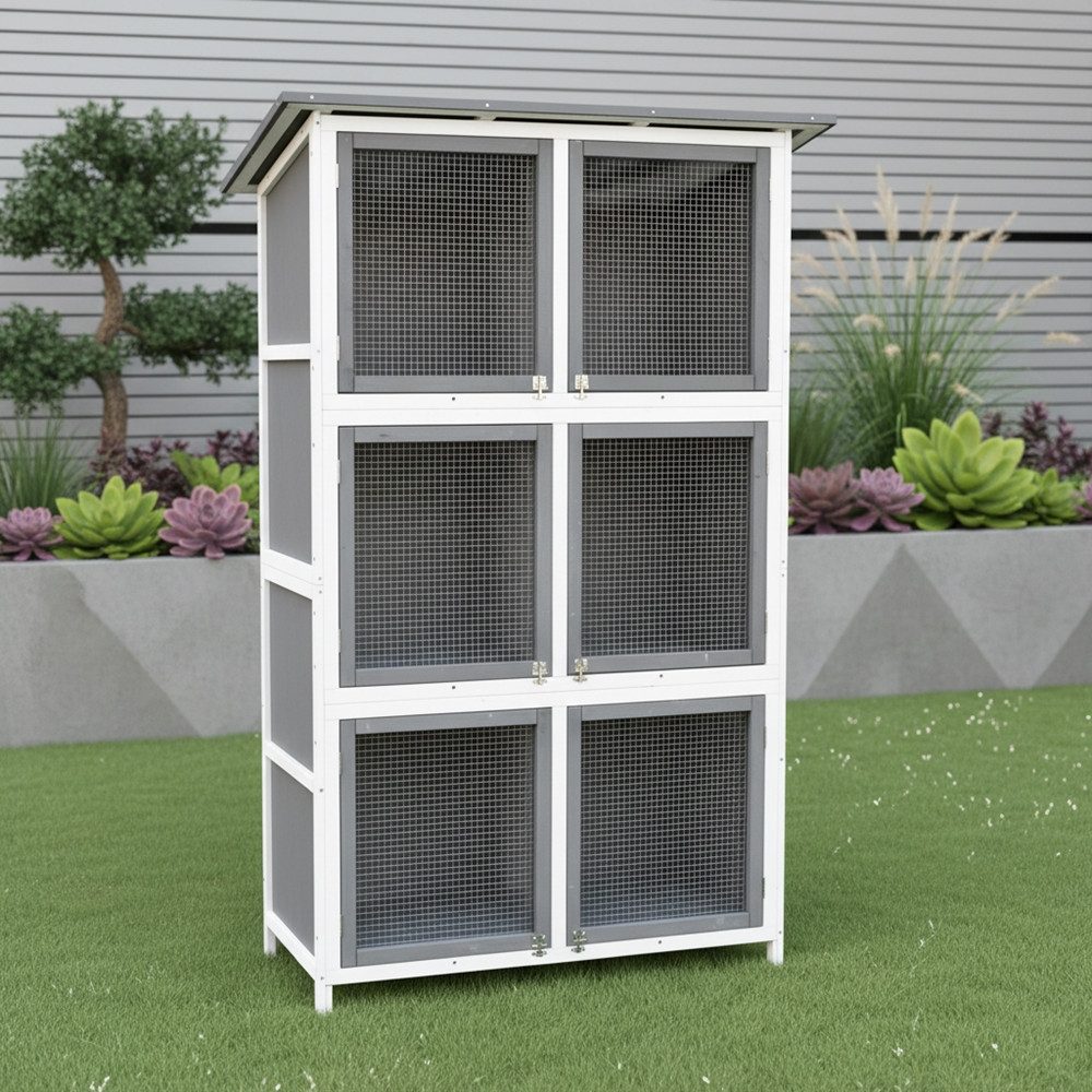 Melko Kleintierstall Kaninchenstall mit 6 Boxen Hasenstall Aufzuchtstall, 6 separaten Boxen, Edelstahlscharniere, engmaschige Gitter