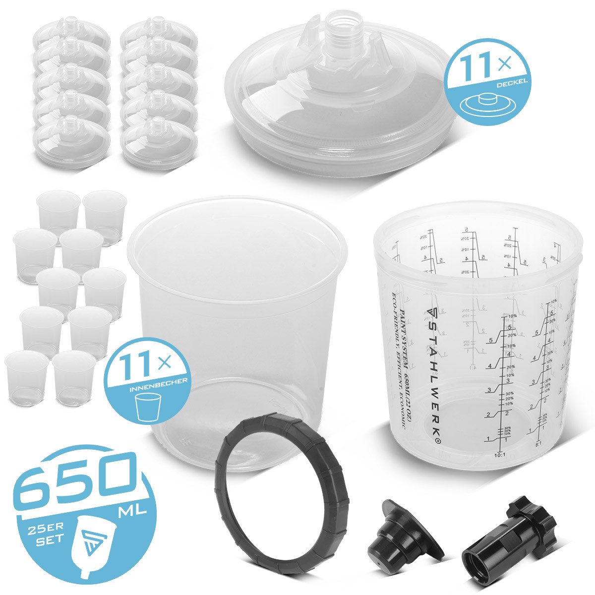 STAHLWERK Druckluftwerkzeug Mischbecherset 25-teilig zur Verwendung an, (Paket, 6-tlg., Set), zum Mischen und Auftragen von Lacken