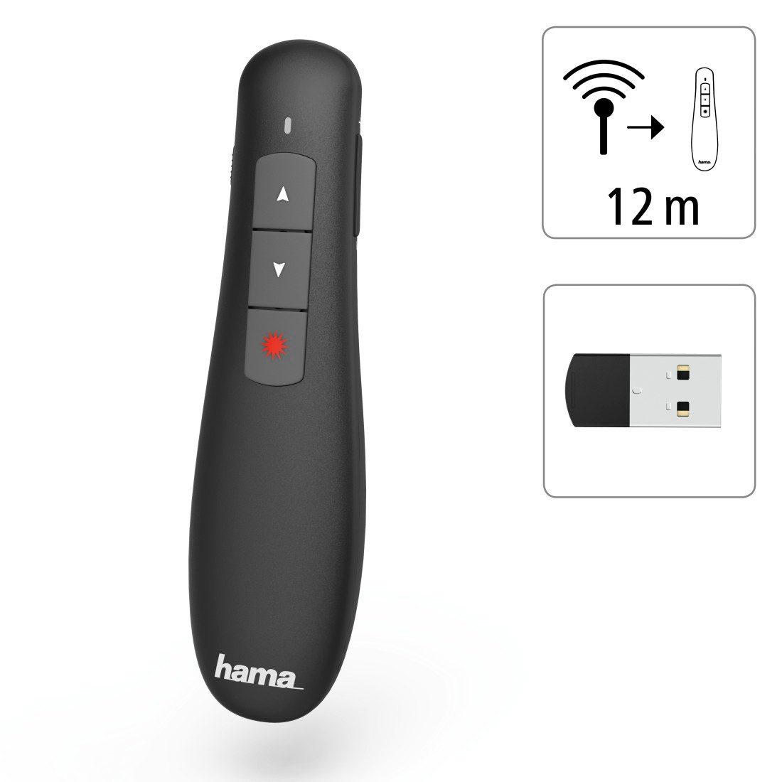 Hama Wireless-Laser Presenter, 12 m Reichweite, Laserpointer, Batterie Fernbedienung (USB-Empfänger verstaubar, Batteriebetrieb, Smart-Link)