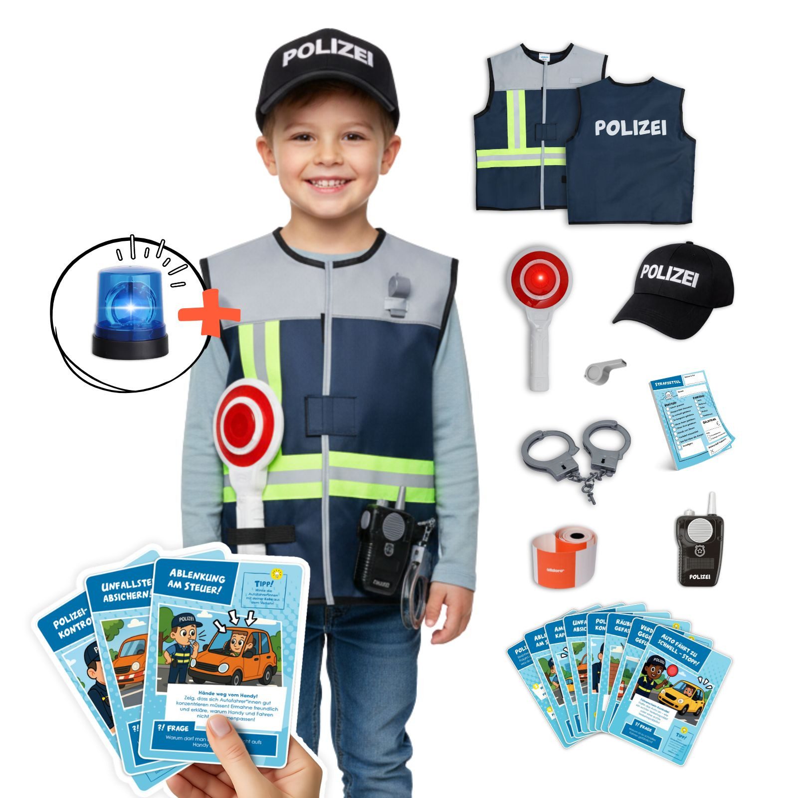 alldoro Spielzeug-Schutzweste Polizei Rollenspiel & Lernset, Polizei-Kostüm inkl. LED-Blaulicht, für Kinder 3-6 Jahre, Verkleidung mit Weste, Cap, Zubehör & 8 Karten