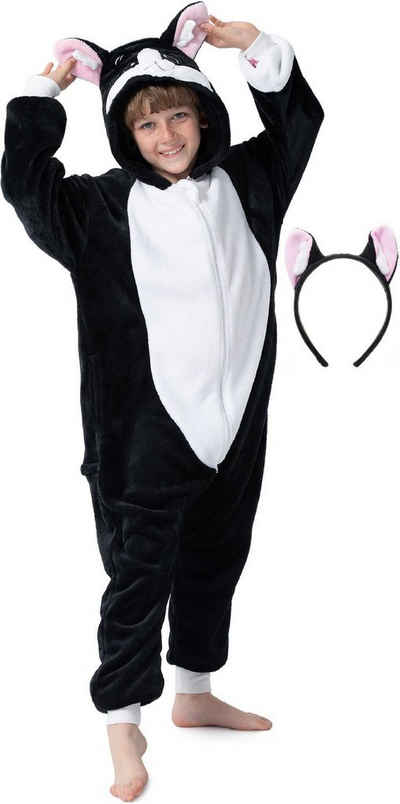 Corimori Jumpsuit Flauschiges Katzen-Kostüm für Kinder (2-tlg) mit Haarreif, Jungen, Mädchen, Verkleidung, schwarz-weiß, Fasching