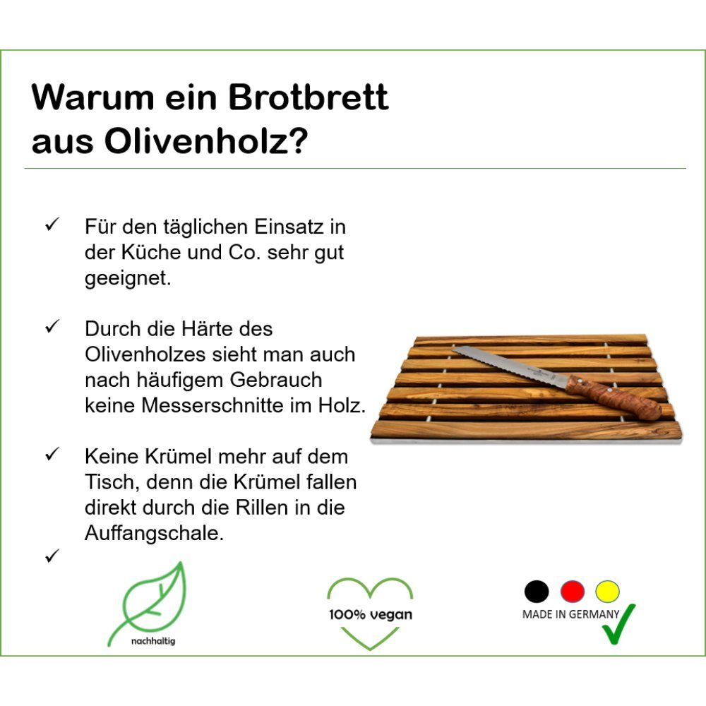 Olivenholz-erleben Brotschneidebrett Brotbrett DESIGN, (1-St), Wirkung antibakterielle