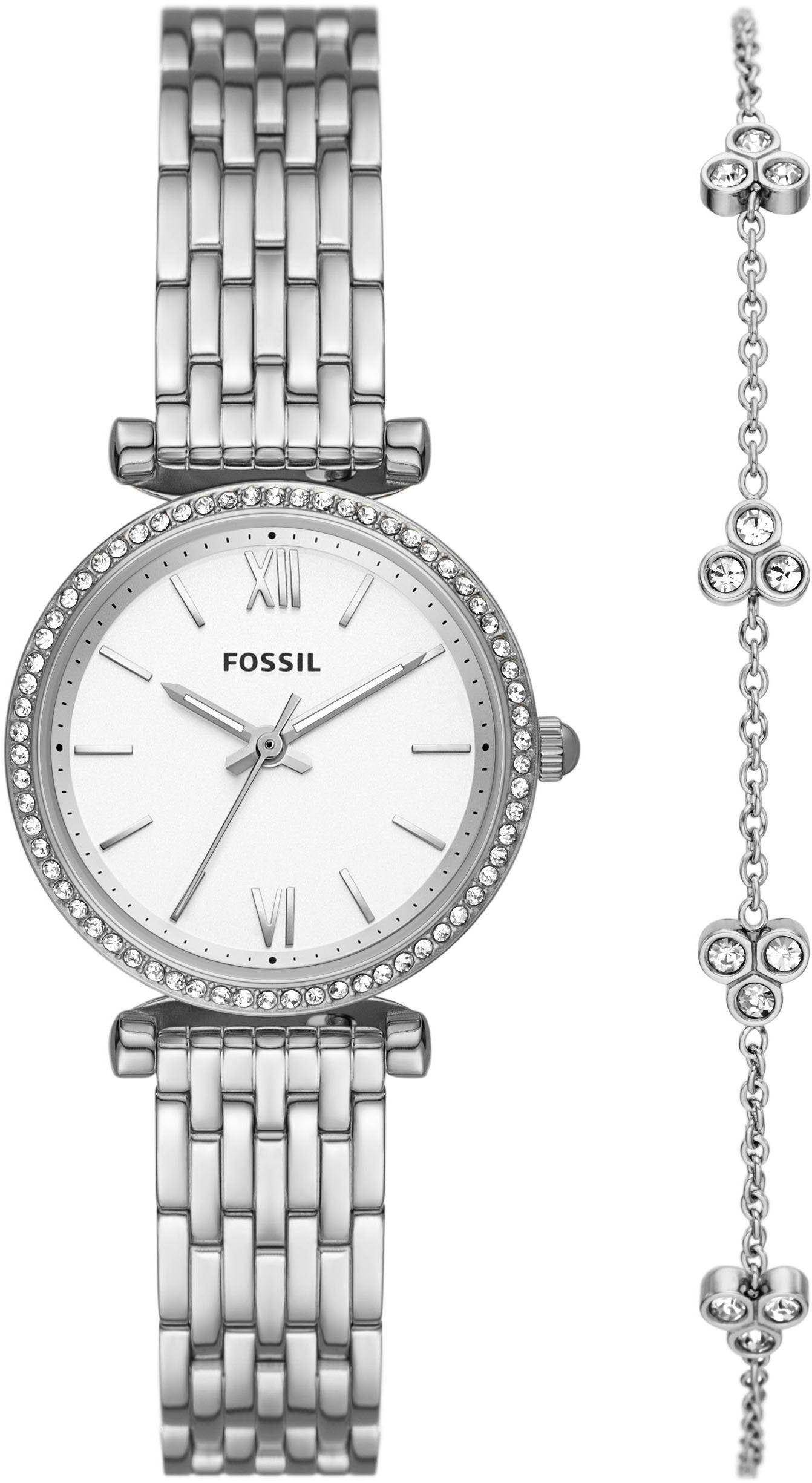 Fossil Quarzuhr CARLIE, ES5315SET, (Set, 2-tlg., mit Armband), Armbanduhr, Damenuhr, ideal auch als Geschenk