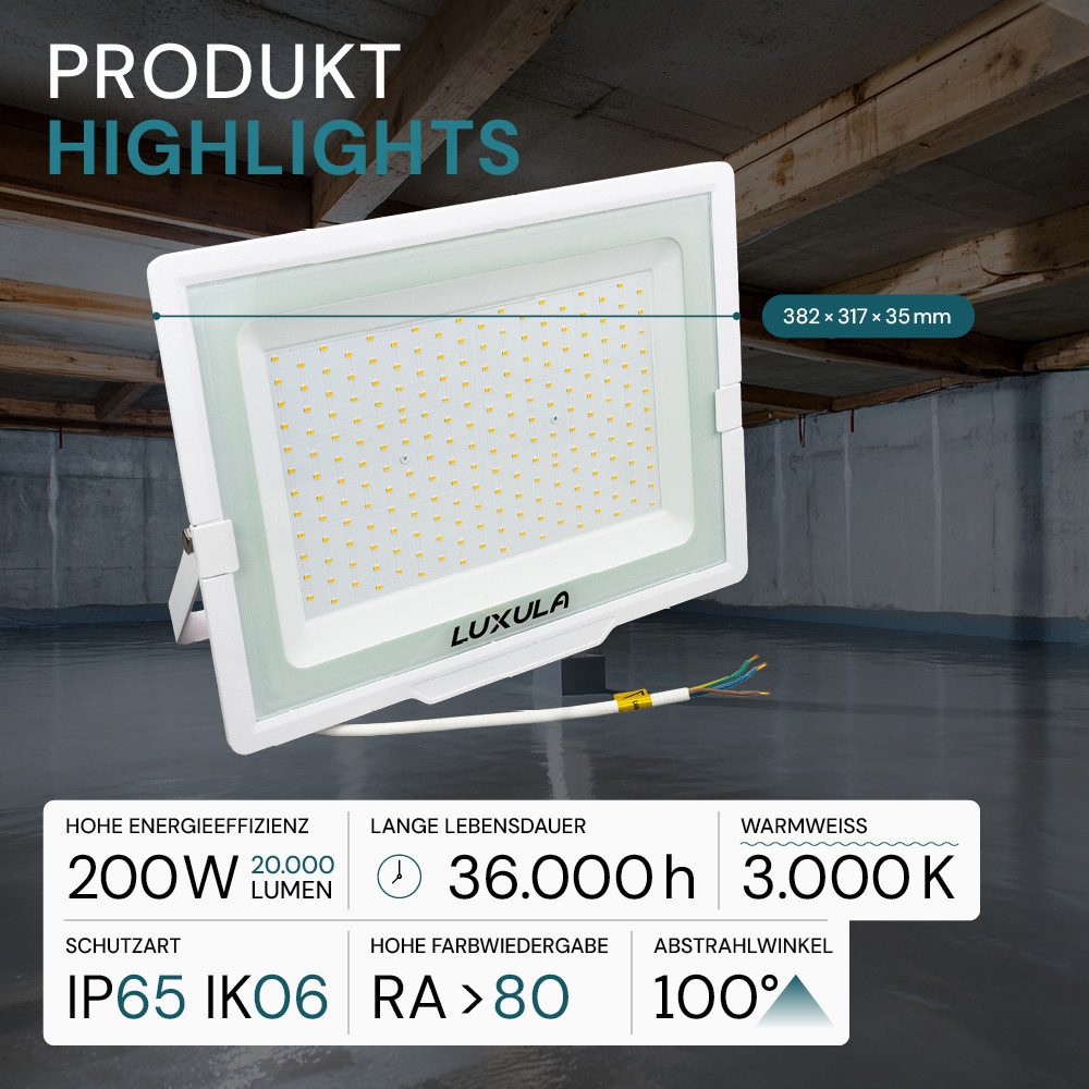 LUXULA LED Flutlichtstrahler LED-Fluter, 200 W, 3000 K (warmweiß), 20000 lm, weiß, IP65, LED fest integriert, Warmweiß