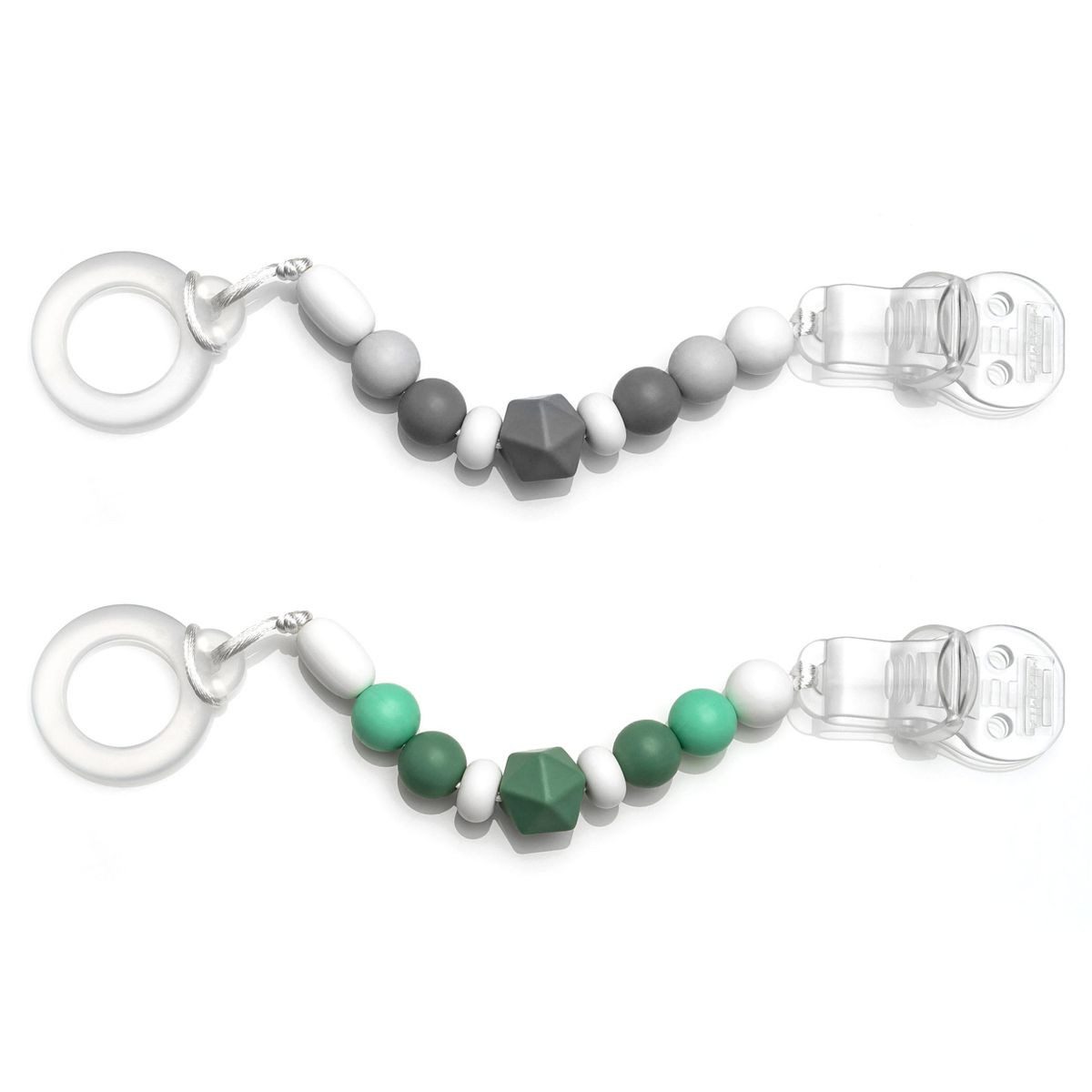 MiaMia Schnuller Grau Grün, 2x Schnullerkette Schnullerband mit Silikon Perlen, Gummiring & Clip