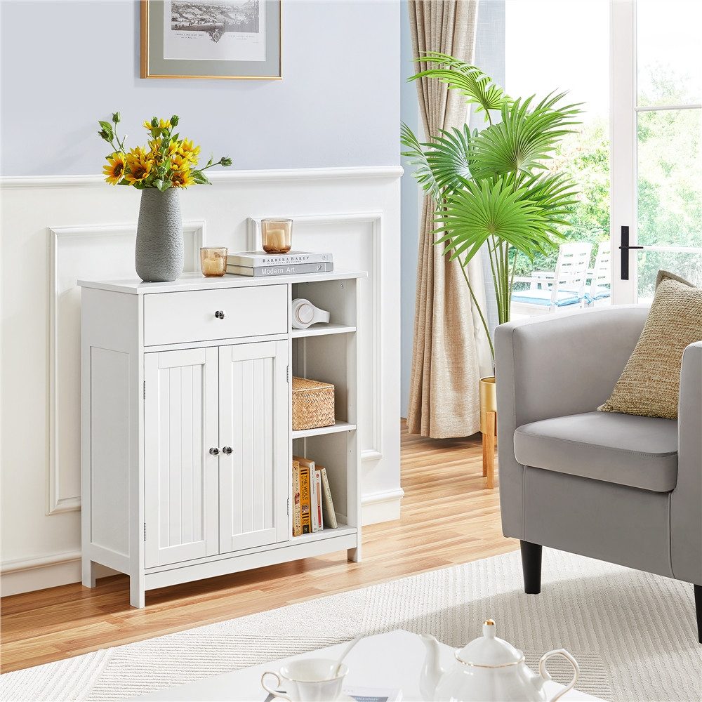 Yaheetech Badkommode Badezimmerschrank 75 x 30 x 80 cm, mit 1 Schublade & 6 Fächern mit verstellbaren Einlegeböden