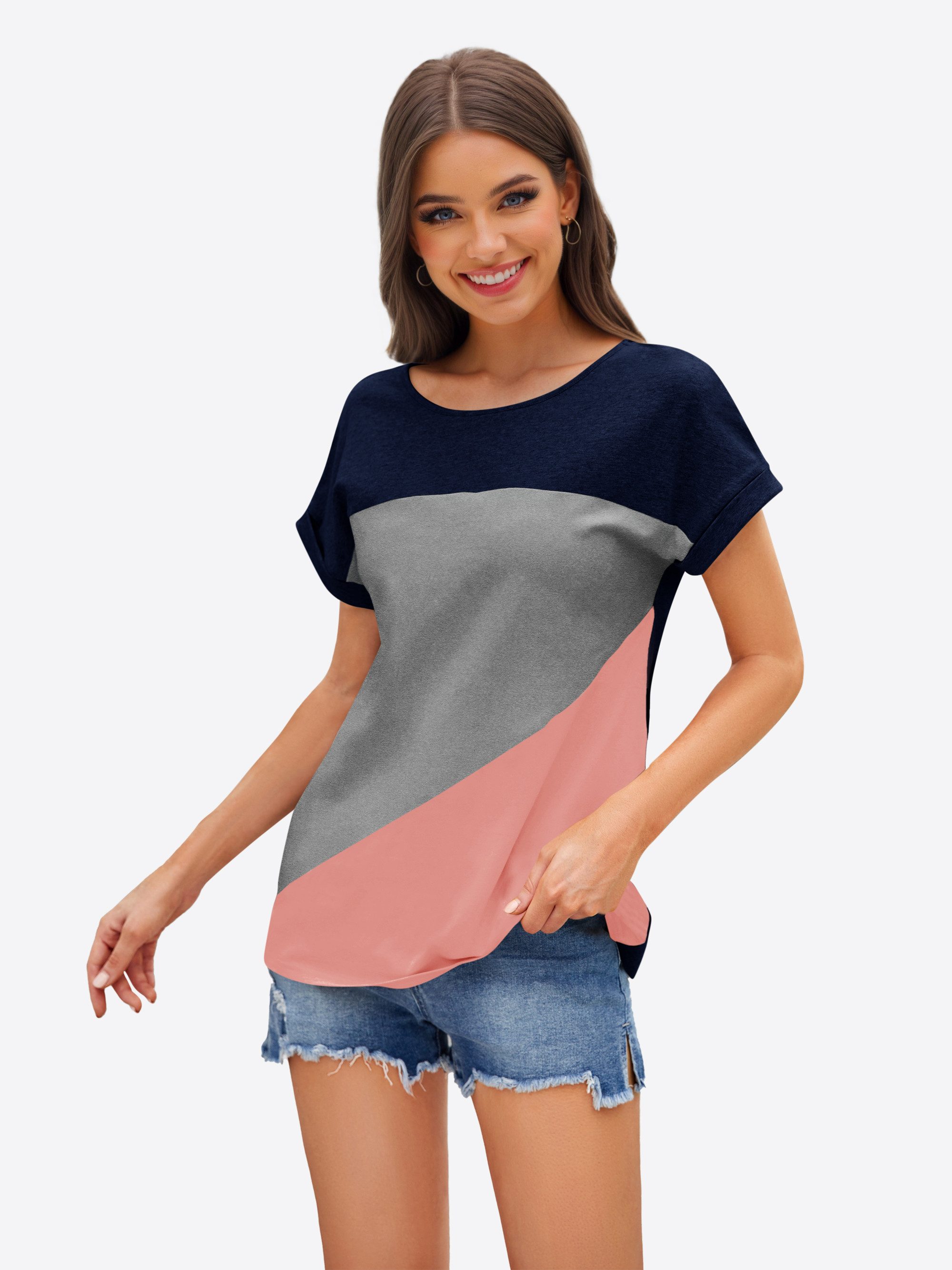 Imily Bela T-Shirt Damen Farbblocking Kurzarmtop (Packung, 1-tlg., 1per-Pac günstig online kaufen