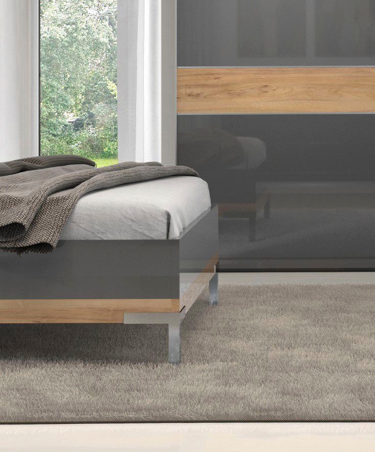 OTTO home Bettgestell Onyx, FSC-zertifiziert, hochwertige UV Lackierung Hochglanz anthrazit (mit Metallfüßen), mit gepolstertem Kopfteil, Liegefläche 160x200 cm