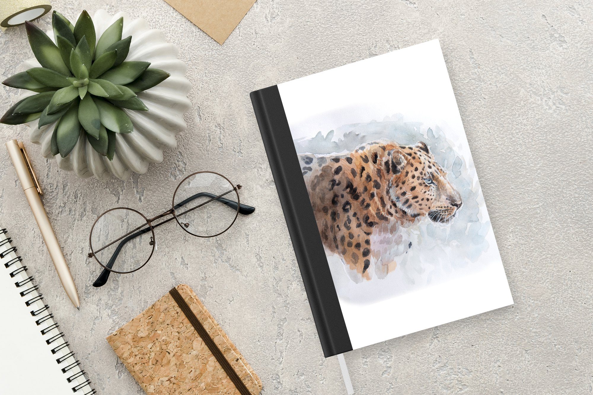 Notizbuch Tiere, Leopard 98 Haushaltsbuch Merkzettel, Notizheft, - Journal, A5, Seiten, - Aquarell Tagebuch, MuchoWow