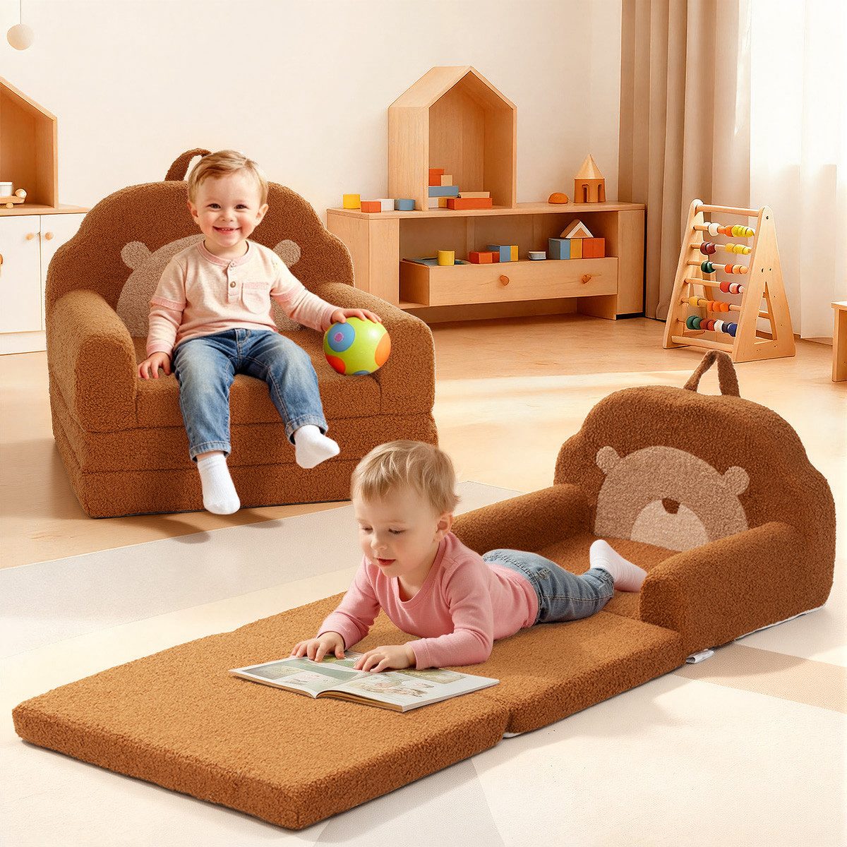 Insma Kindersofa 2-in-1 Kinder Schlafsofa Spielsofa Sofabett Bär Klappbar, Kindersessel Spielcouch 120×50×41cm, Maximale Tragfähigkeit 45 kg