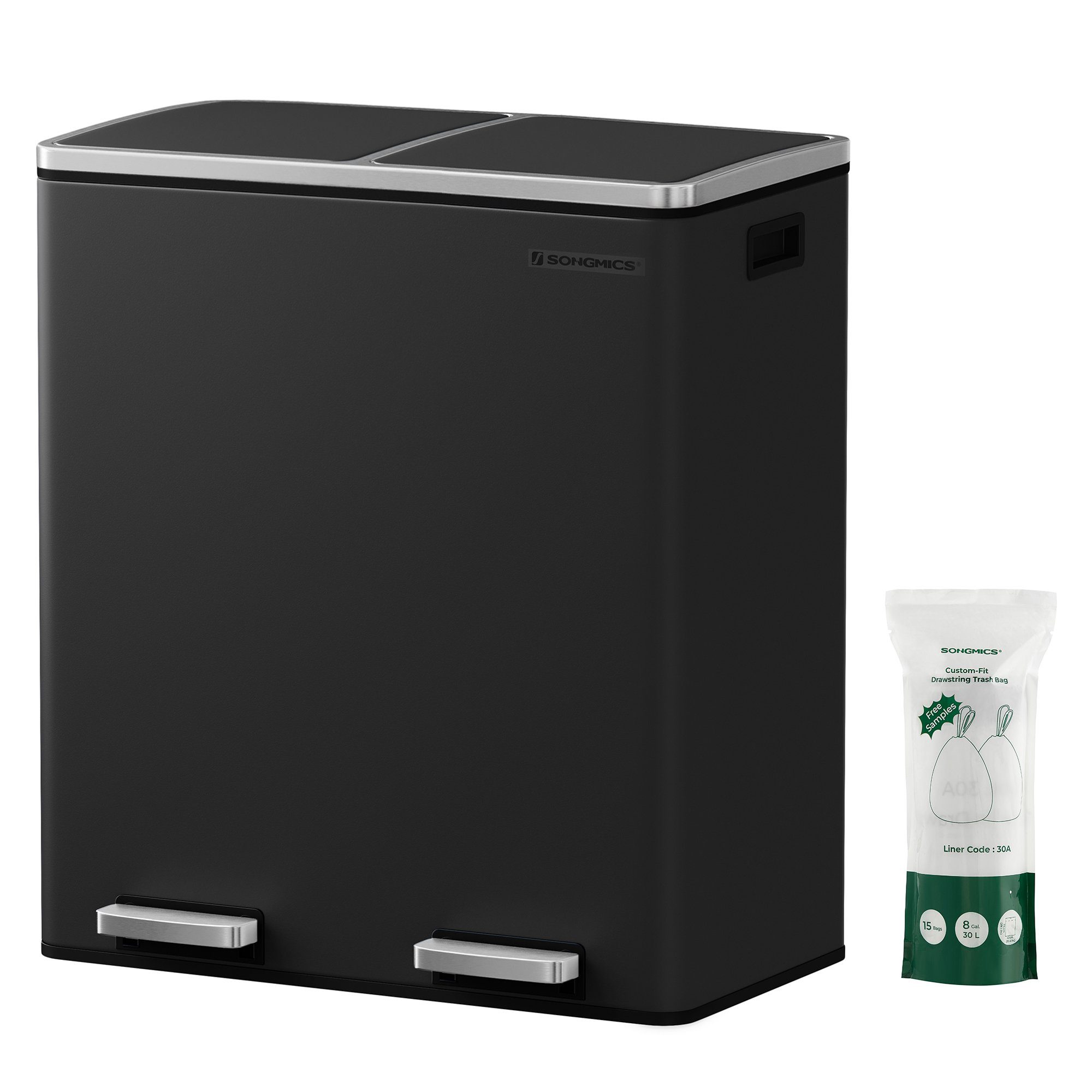SONGMICS Mülleimer, Mülltrennsystem, mit 2 Fächern, 2 x 30 L, Küche