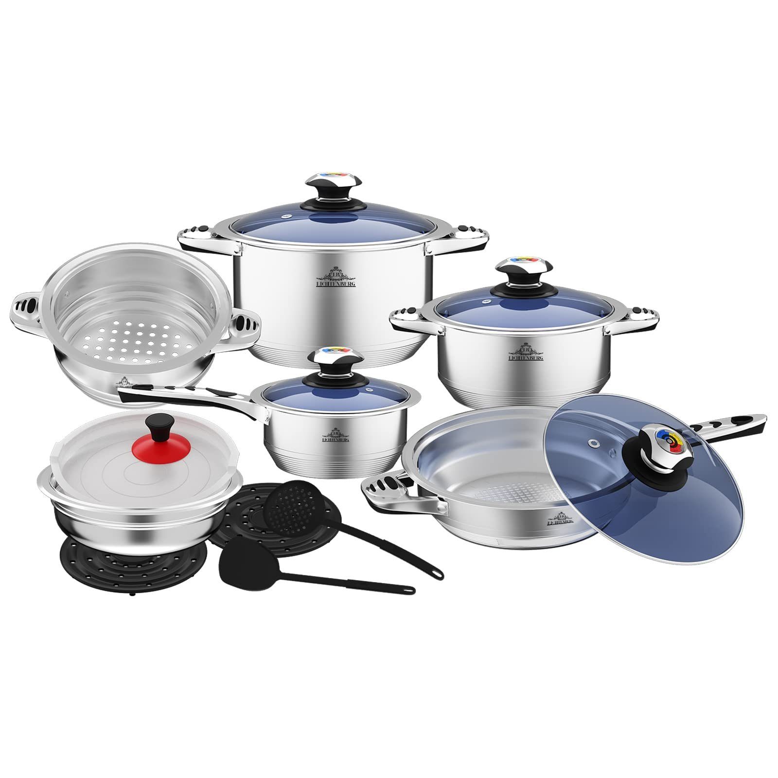 LB LICHTENBERG Topf-Set Edelstahl Pfannenset Kochtopf Set mit Temperaturanzeige, Edelstahl (16-tlg., Töpfe Pfannen Set mit Deckel, mit 3 Hilfslöffel, 2 Dämmplatten), mit Temperaturanzeige