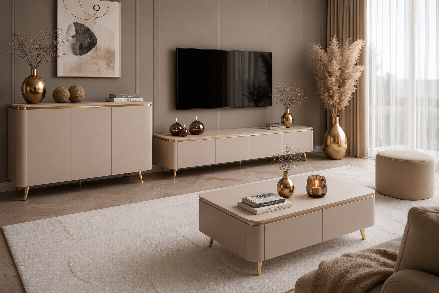 ALLHOUSE24 Wohnzimmer-Set LINE Kaschmir GOLD TV-Schrank, Kommode, Couchtisch Abgerundete Kanten, (3-St), Das Set besteht aus: Kommode, TV Schrank, Couchtisch