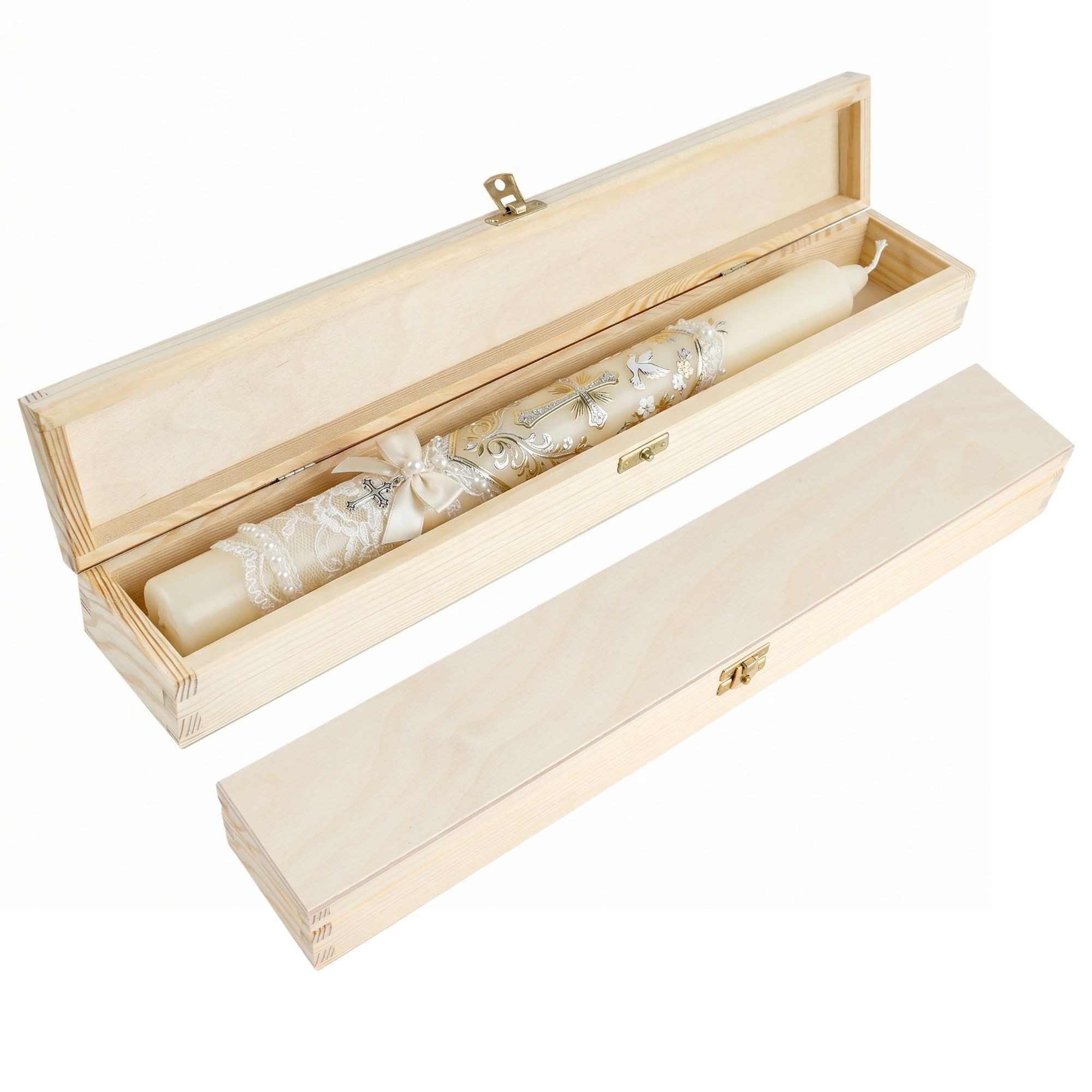 Creative Home Holzkiste Holzkiste für Taufkerze Kommunionskerze, 47 x 7 x 5,5 cm, Taufkerzenbox für Lange Kerze