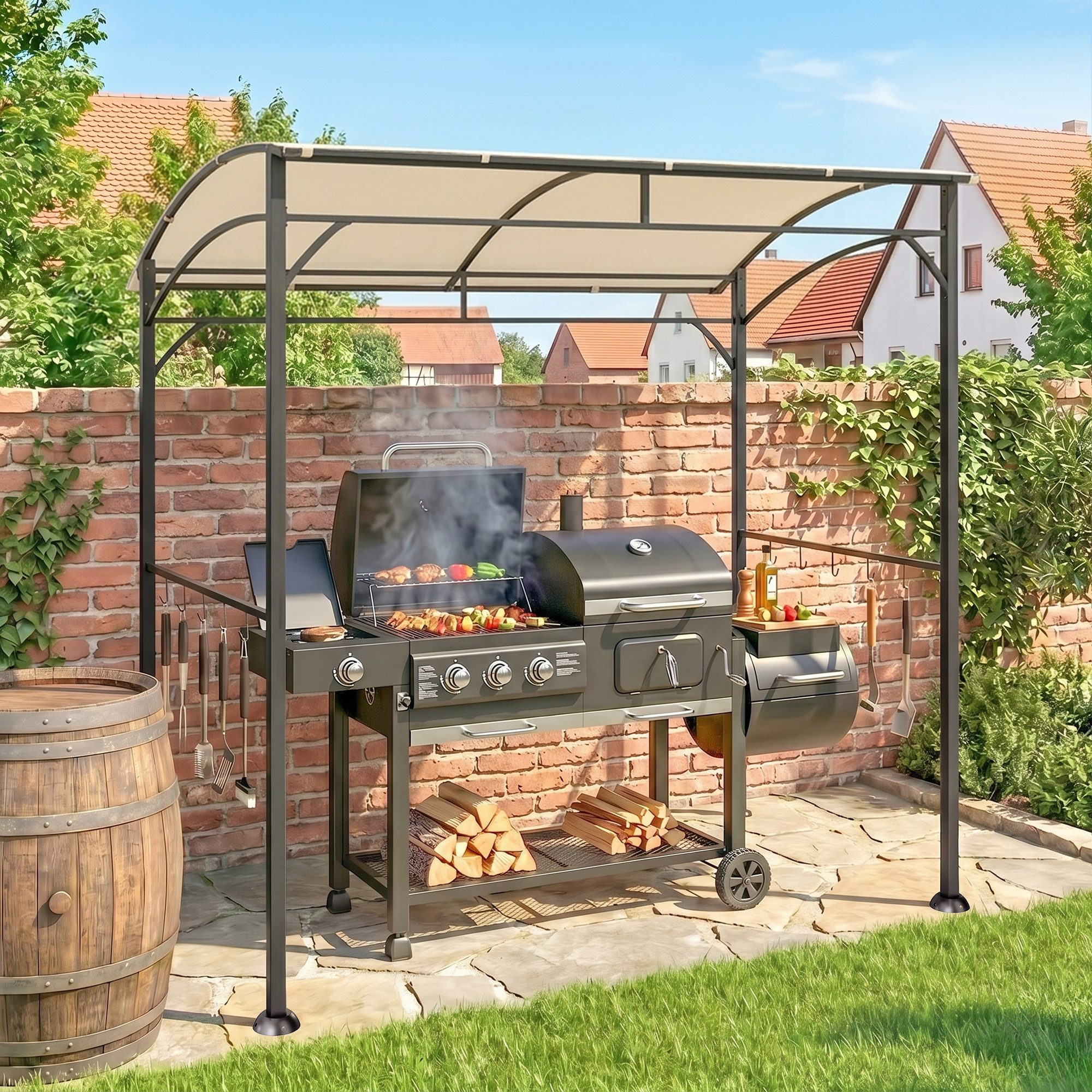 Outsunny Grillpavillon Grillpavillon wasserabweisend mit Gebogendach, Gartenlauben, mit 1 Seitenteilen, (Grillpavillon, Grillüberdachung), für Garten, Balkon, Beige