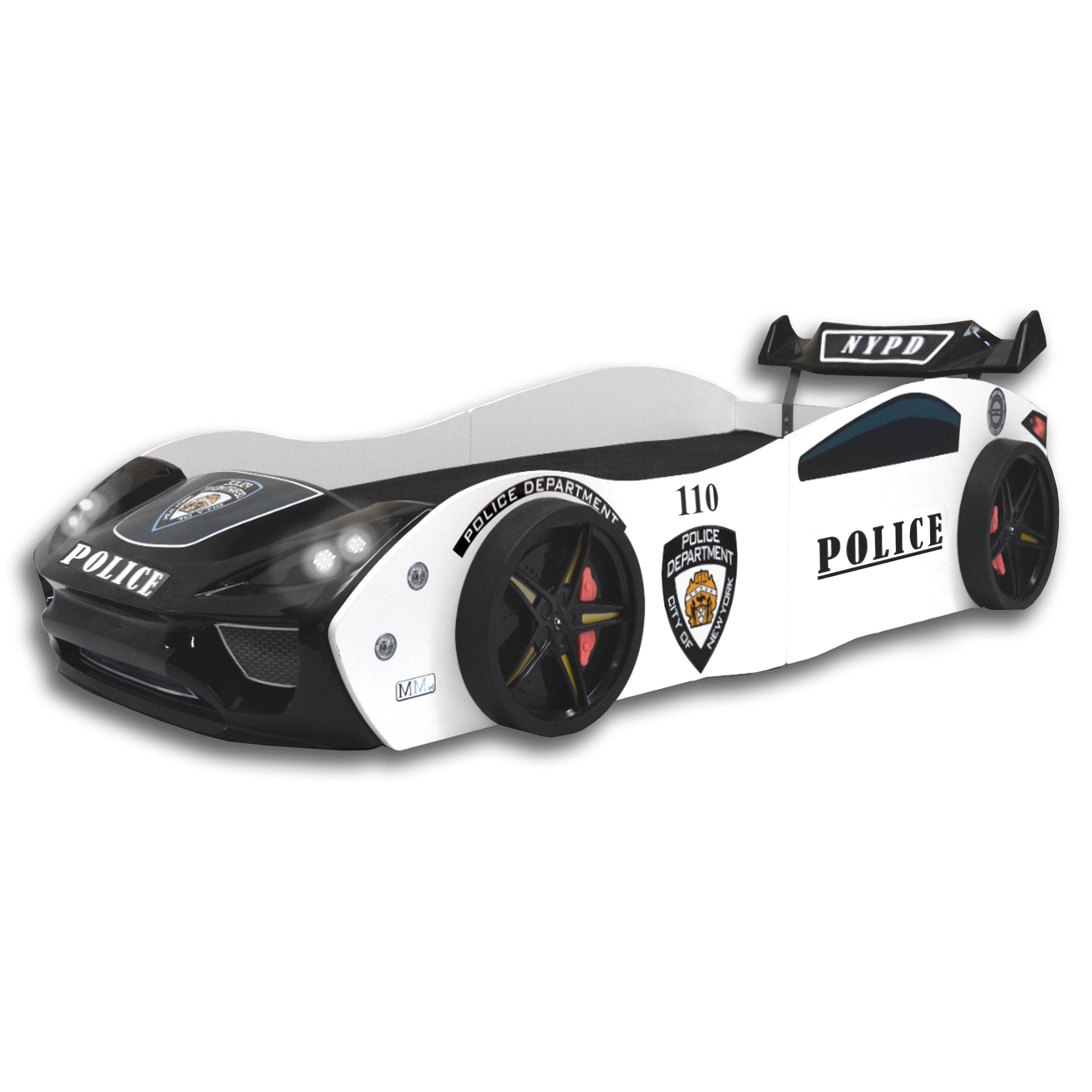 Aileenstore Autobett Police (inkl. Lattenrost LED Licht und Heckspoiler), Kinderbett 90 x 200 cm, Spielbett als Polizeiauto Rennwagenbett