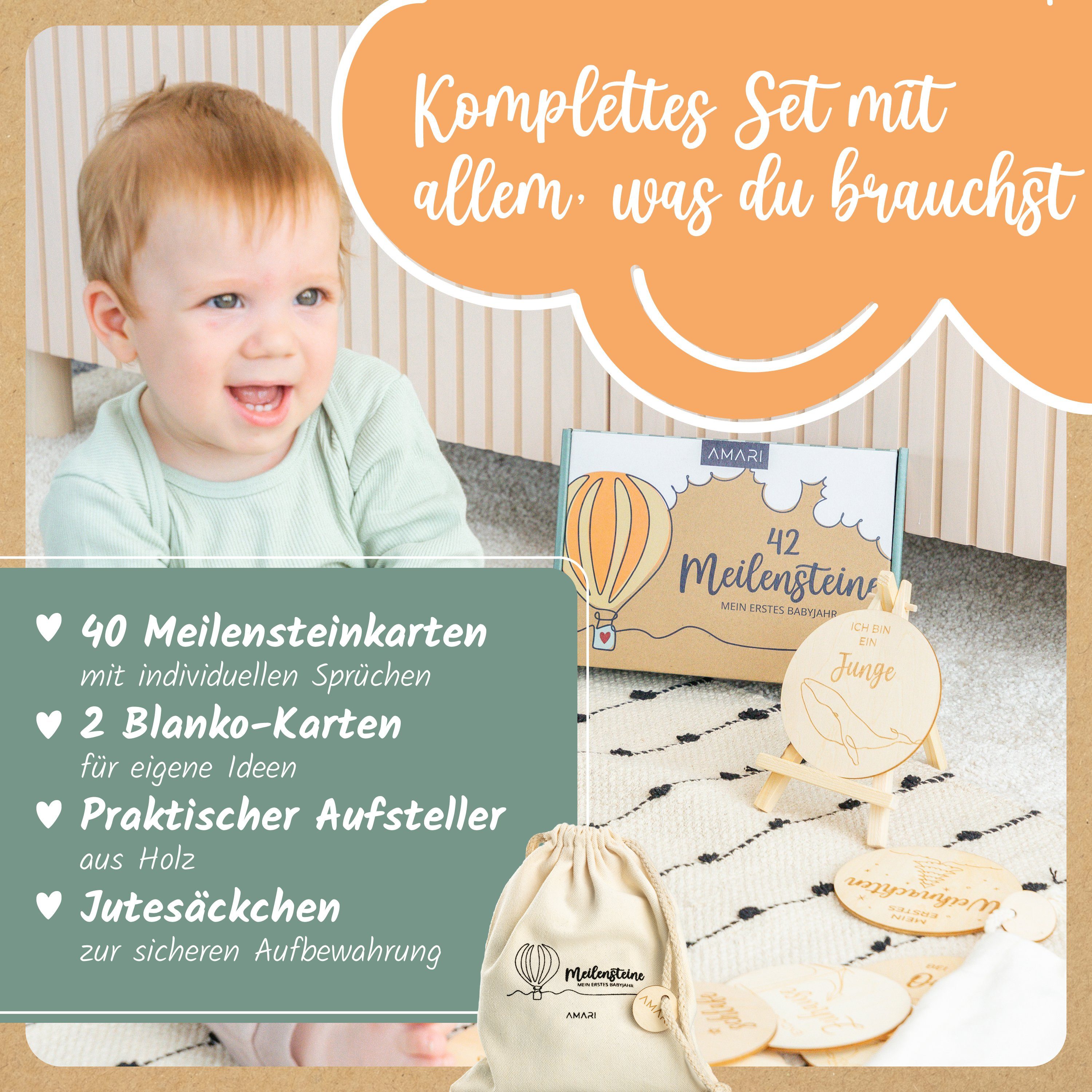 Amari Geschenkbox 42 Meilensteinkarten Baby aus Holz inkl. Aufbewahrungssäckchen, Geschenk zur Geburt, Meilensteine Geschenkset, Lasergravur