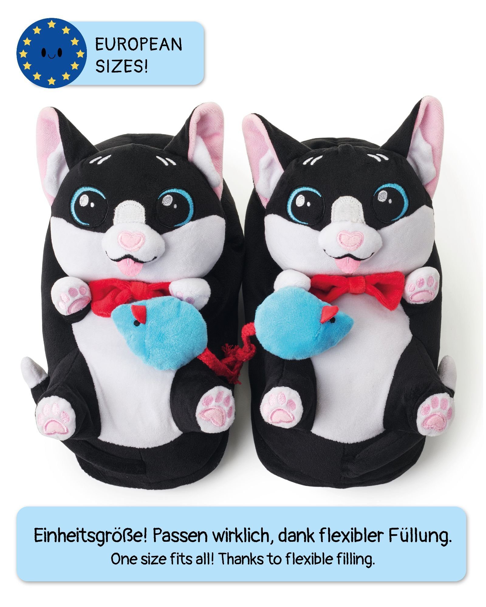 Corimori Katze Balou schwarz weiß, super warme Plüsch Hausschuhe (Packung, Geschenk) warme Tier-Pantoffeln Slipper, EU Einheitsgröße 34-44, Balou der Kater