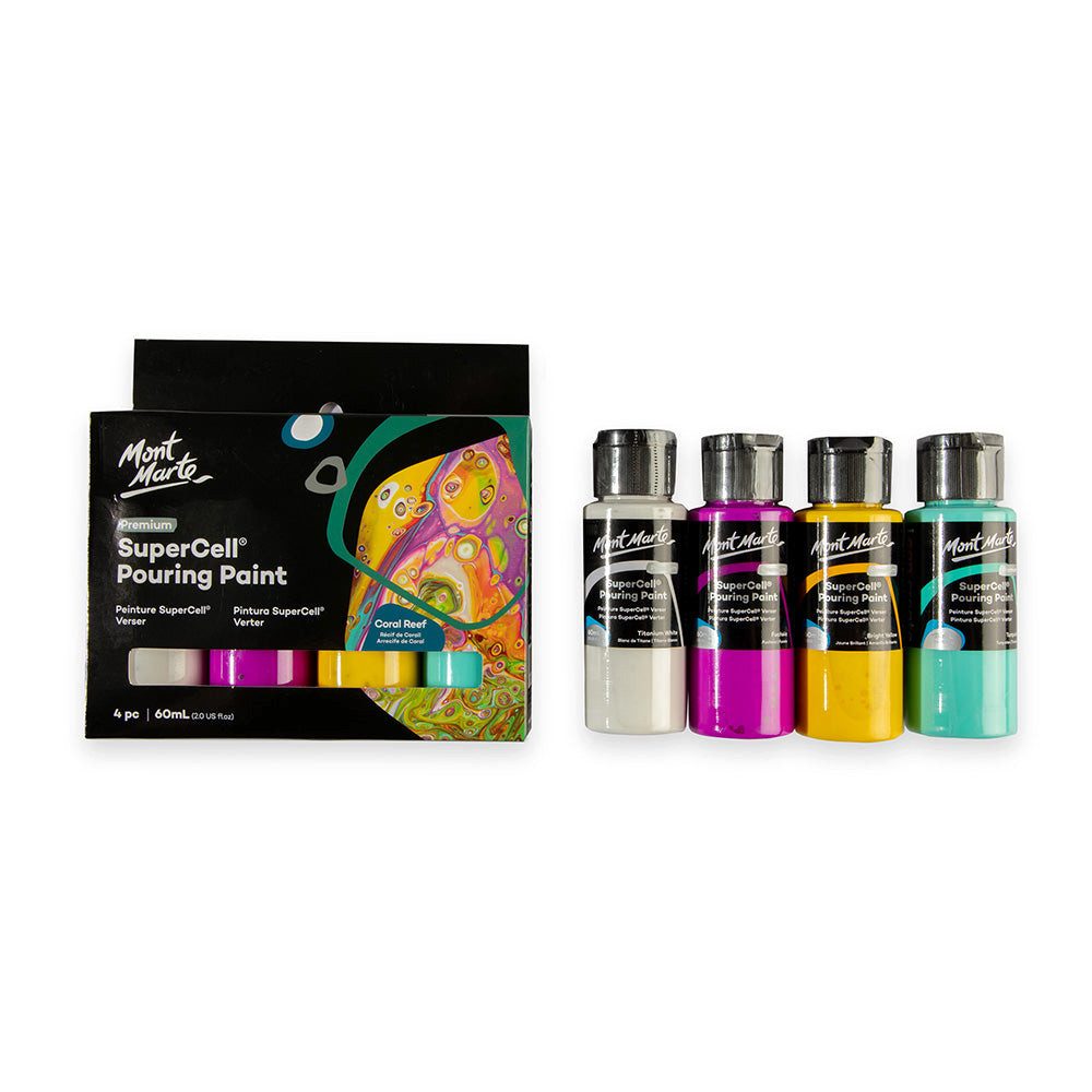 Mont Marte Bastelfarbe SuperCell® Pouring Acrylfarbe, Gieß-Acryl, je 4 x 60 ml, diverse Sets, Untereinander vermischbar & Bereits mit Pouring Medium vorgemischt
