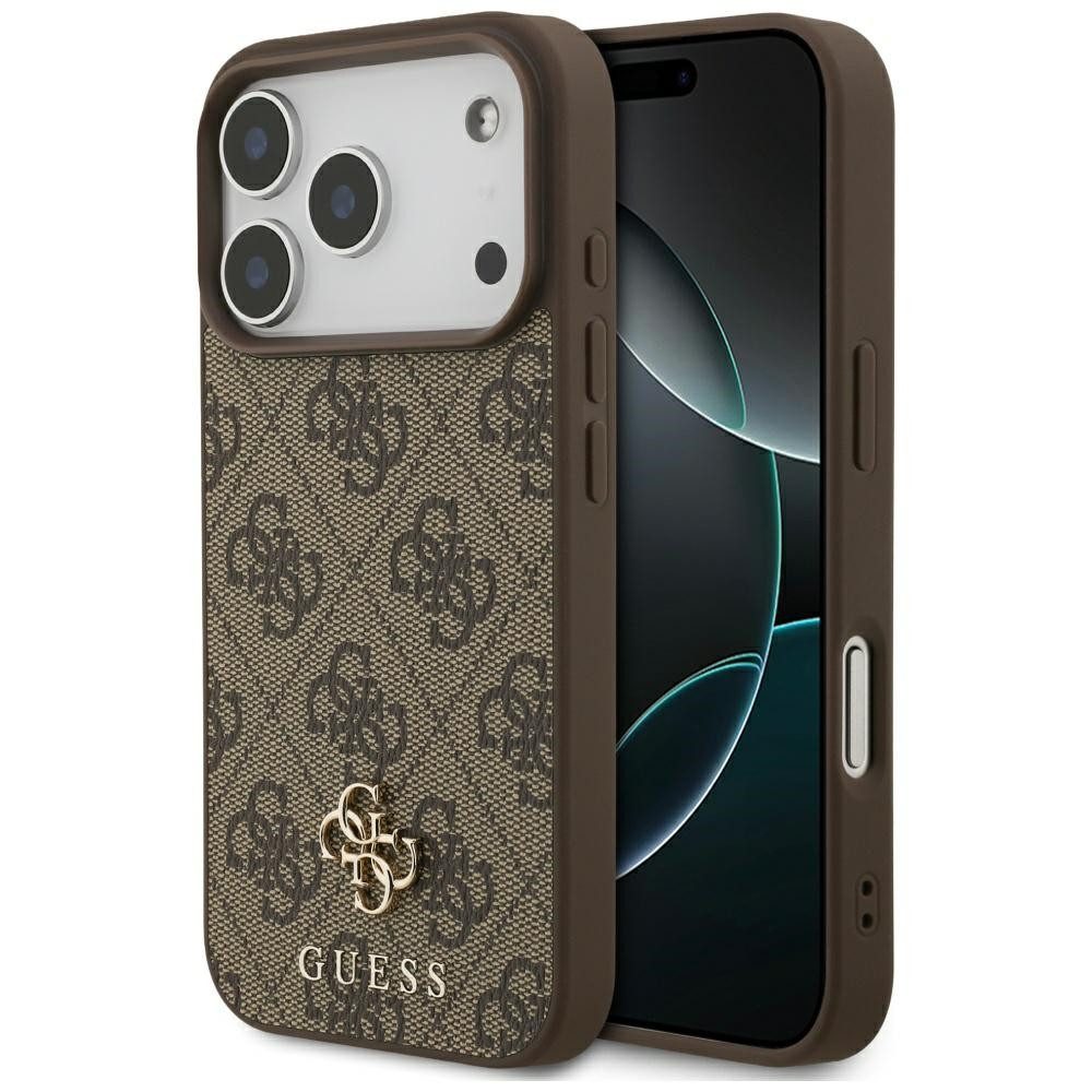 Guess Handyhülle Case iPhone 17 Pro MagSafe Kunstleder braun Logo goldfarben 6,3 Zoll, Kantenschutz