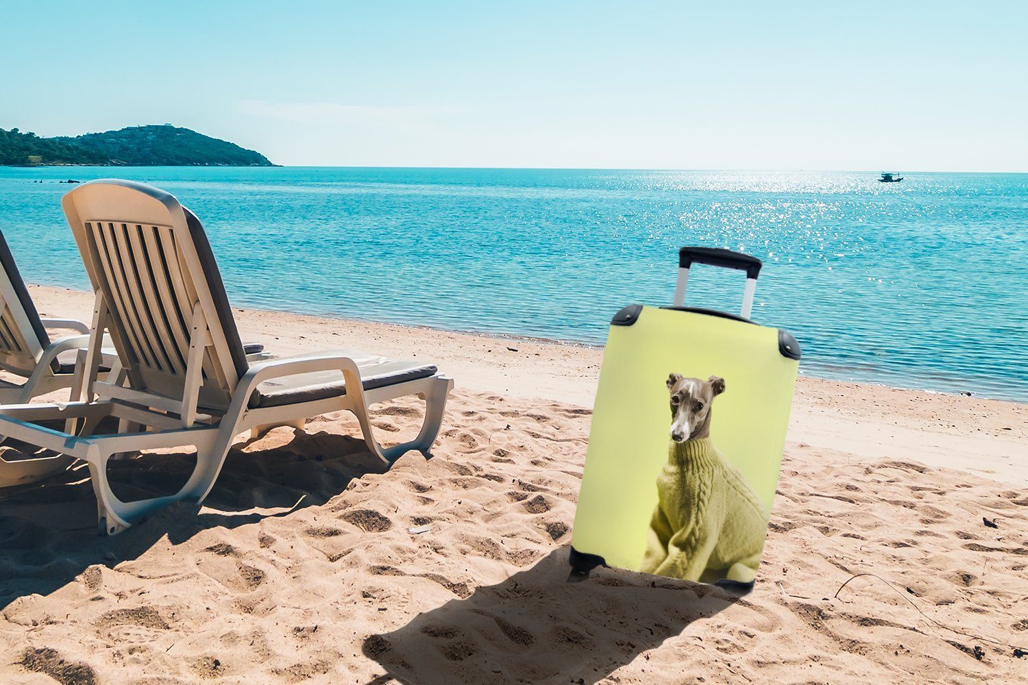 Rollen, Trolley, MuchoWow Porträt Pullover, Handgepäckkoffer in einem Hundes rollen, Ferien, eines 4 mit für Komisches Reisetasche Reisekoffer Handgepäck