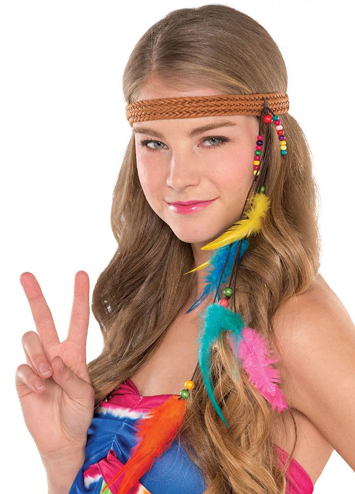 Kostüm 60er Jahre Hippie Stirnband mit Perlen und Federn