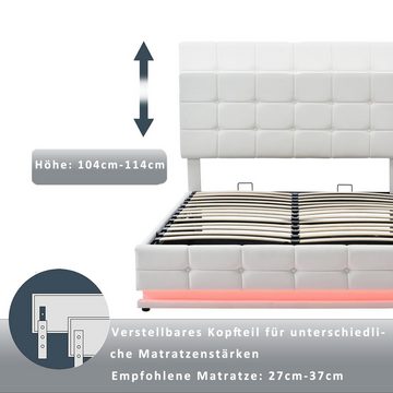 REDOM Polsterbett Hydraulisch anhebbarer Bettstauraum,Bettkasten (140x200 cm Lattenrost Bezug aus Kunstleder), Modernes Bett mit LED, Einfach zu montierender Bettrahmen