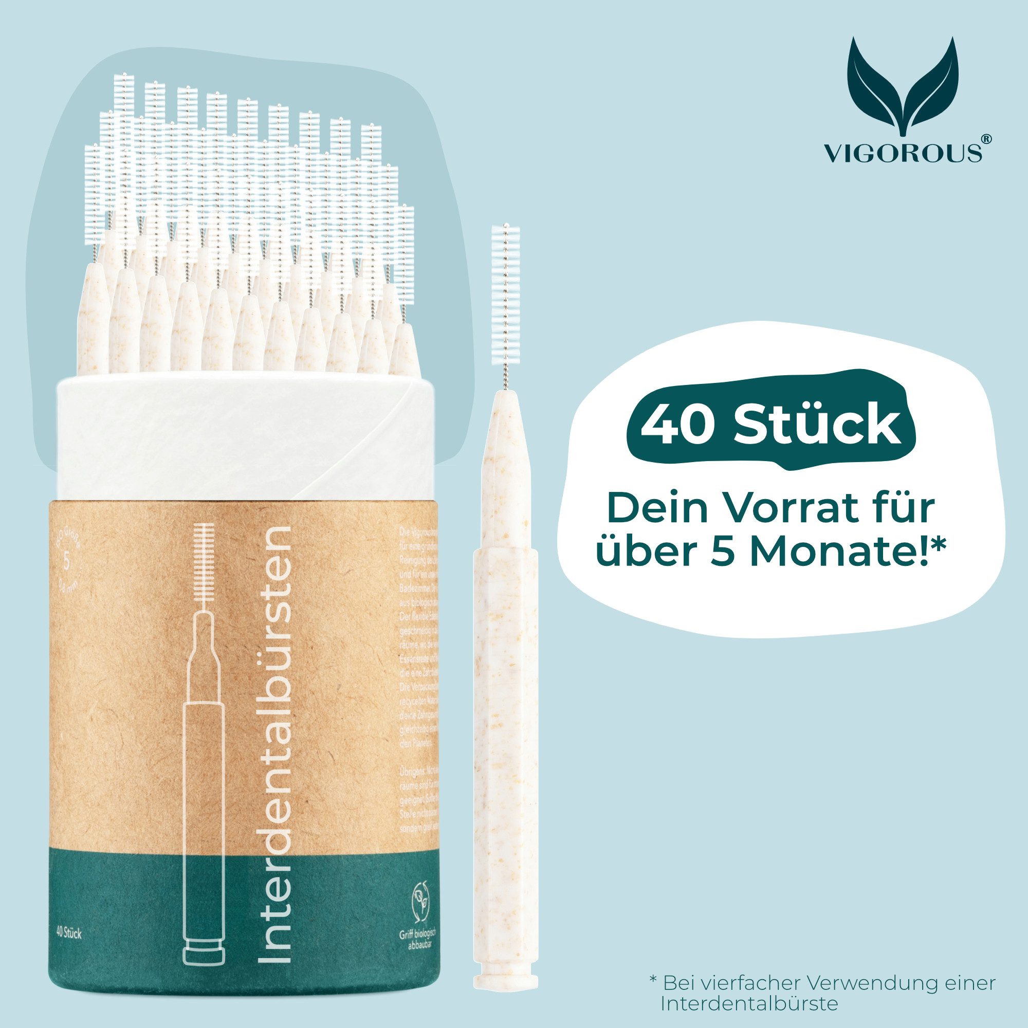 Vigorous Cosmetics Interdentalbürsten Interdental Brush mit Griff aus nachwachsenden Rohstoffen, 40 Stück, Vegan, Praktisch, Nachhaltig, wiederverwendbar