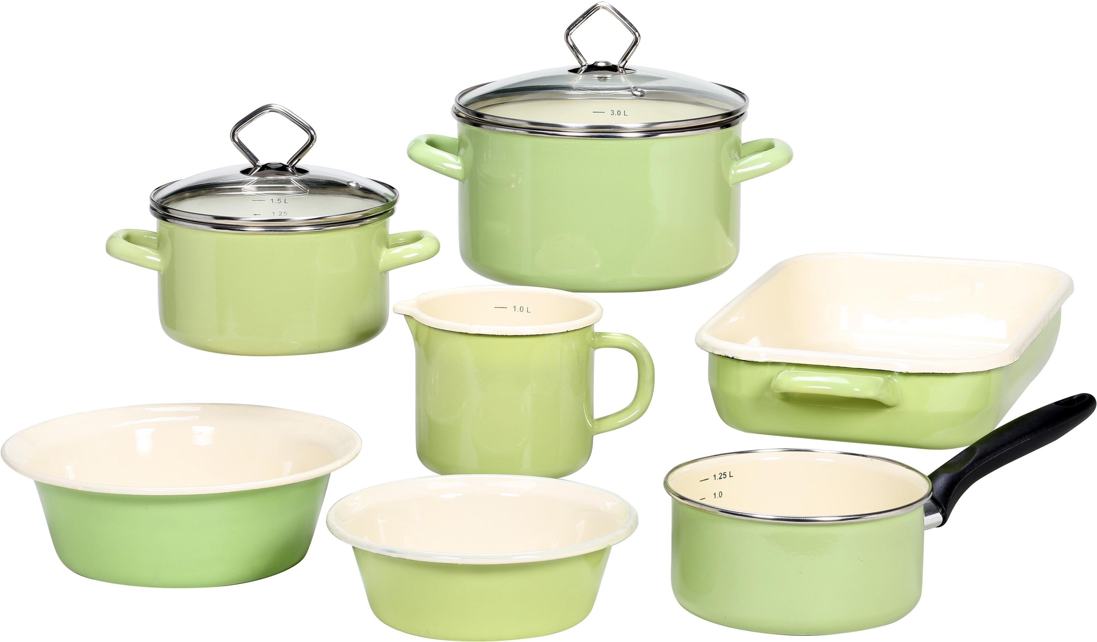 Krüger Topf-Set Juist, Emaille (Set, 9-tlg., Kochtopf 16/20 cm, Kasserolle 16 cm, Milchtopf 12 cm, Pfanne 32x22 cm), Induktion